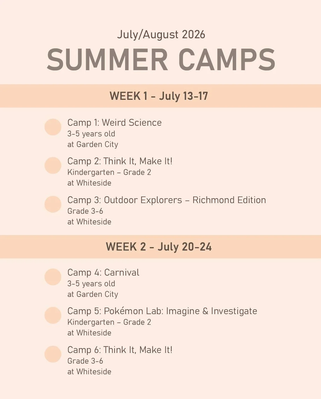 Summer Camp registration is now OPEN! ☀️ 

We&rsquo;re running 7 weeks of camp, with 3 camps each week for children from Kindergarten to Grade 6. With a variety of themes and activities, from physical activities like yoga and dancing to creative expr