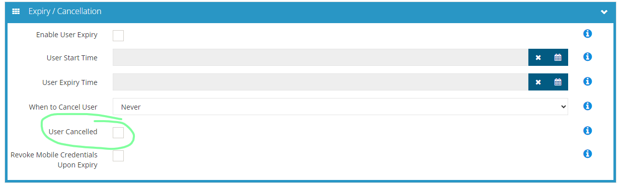 showing the user cancel check box with a green circle to highlight it