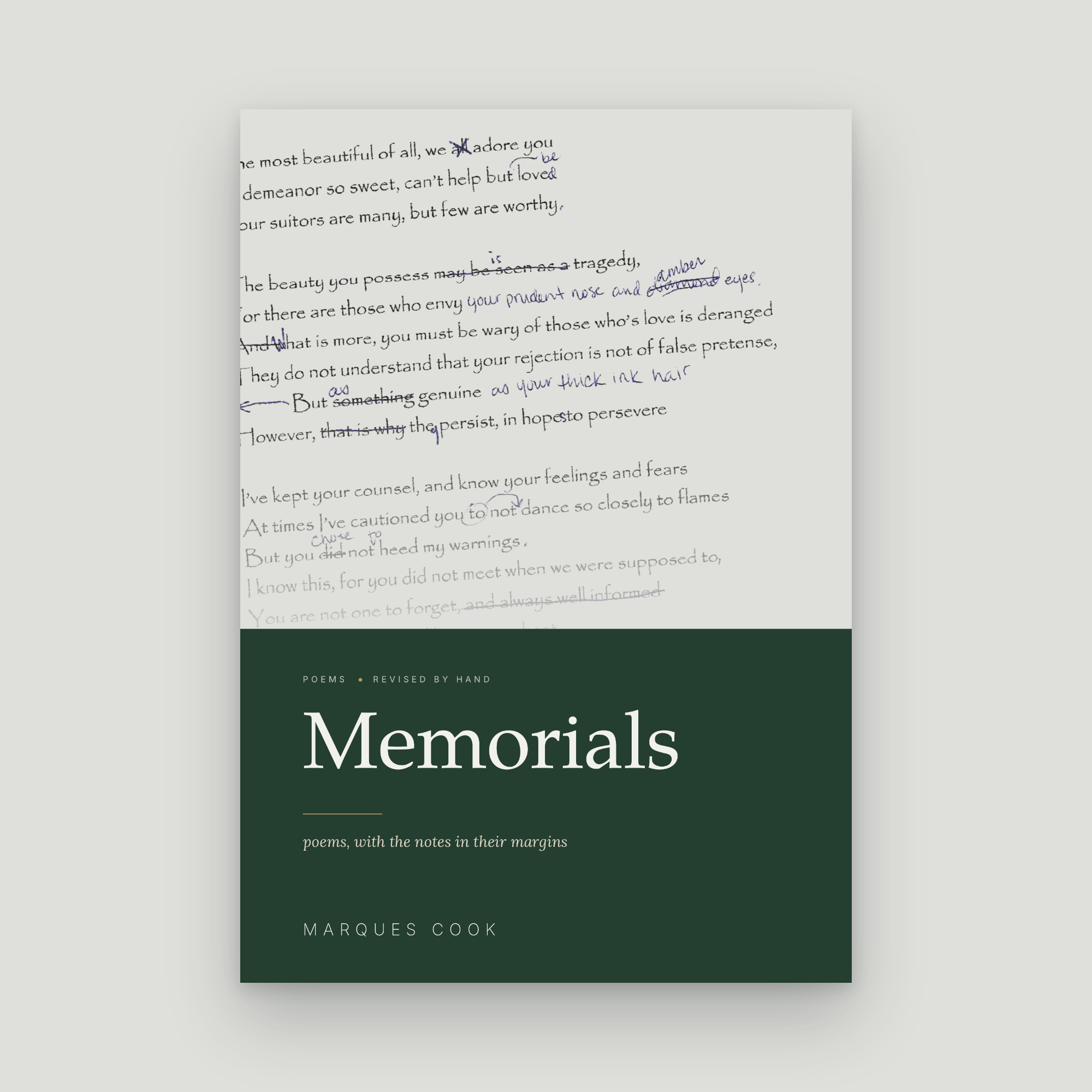 Memorials by Marques Cook: poetry cover with a handwritten manuscript page.