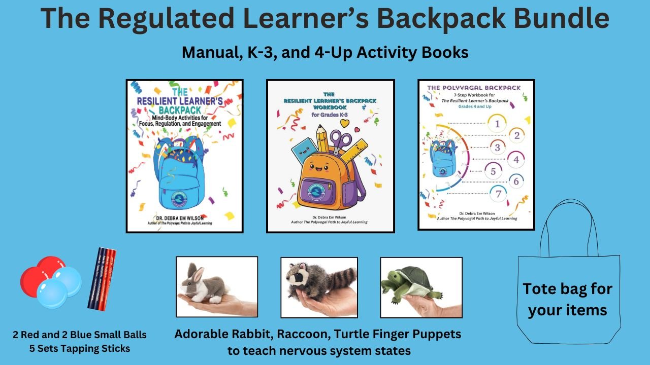 A promotional graphic for the regulated learner's backpack bundle, including manual, workbook, and activity books for grades K-3 and 4-up. It features images of small stuffed animals (rabbit, raccoon, turtle) and descriptions of toys like balls, tapping sticks, and a tote bag for items.