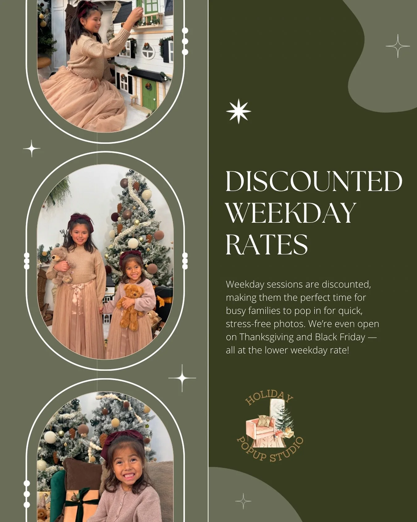 Did you know our weekday sessions are discounted? 📸✨

Perfect for busy moms &mdash; whether you&rsquo;re running the afternoon school rush or enjoying a little daytime flexibility.

We&rsquo;re open Thanksgiving and Black Friday, all at our lower we