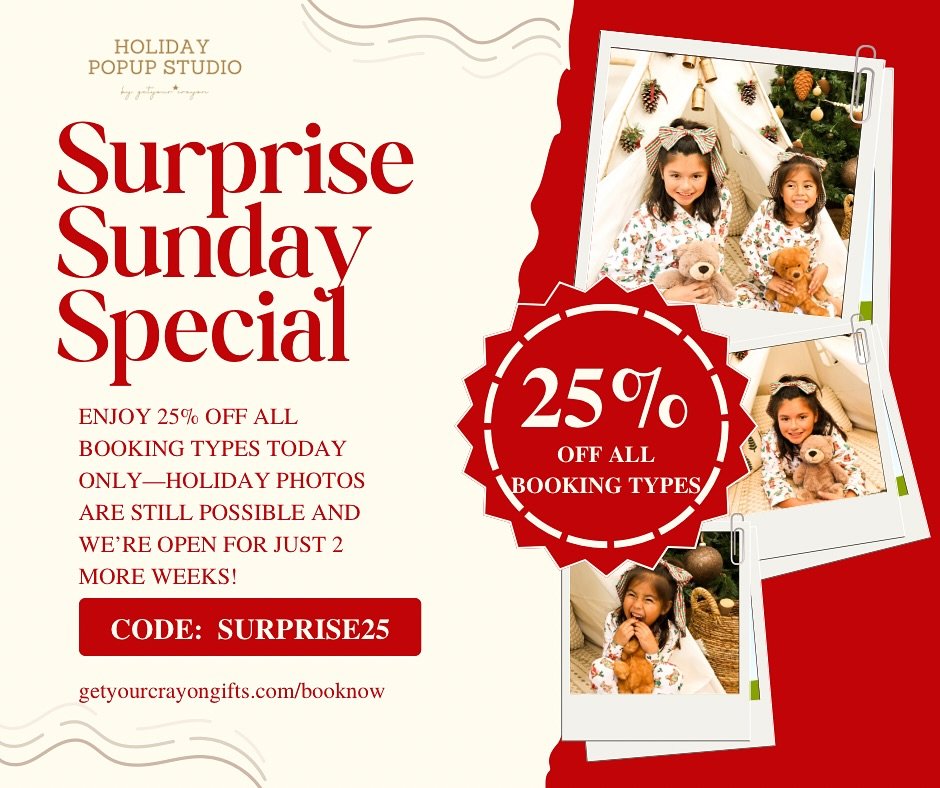 The holidays aren&rsquo;t over yet ✨ 

Capture those last-minute memories with 25% off all booking types today only. 

With weekday discounts and just 2 weeks left, now&rsquo;s the perfect time to book your holiday session.