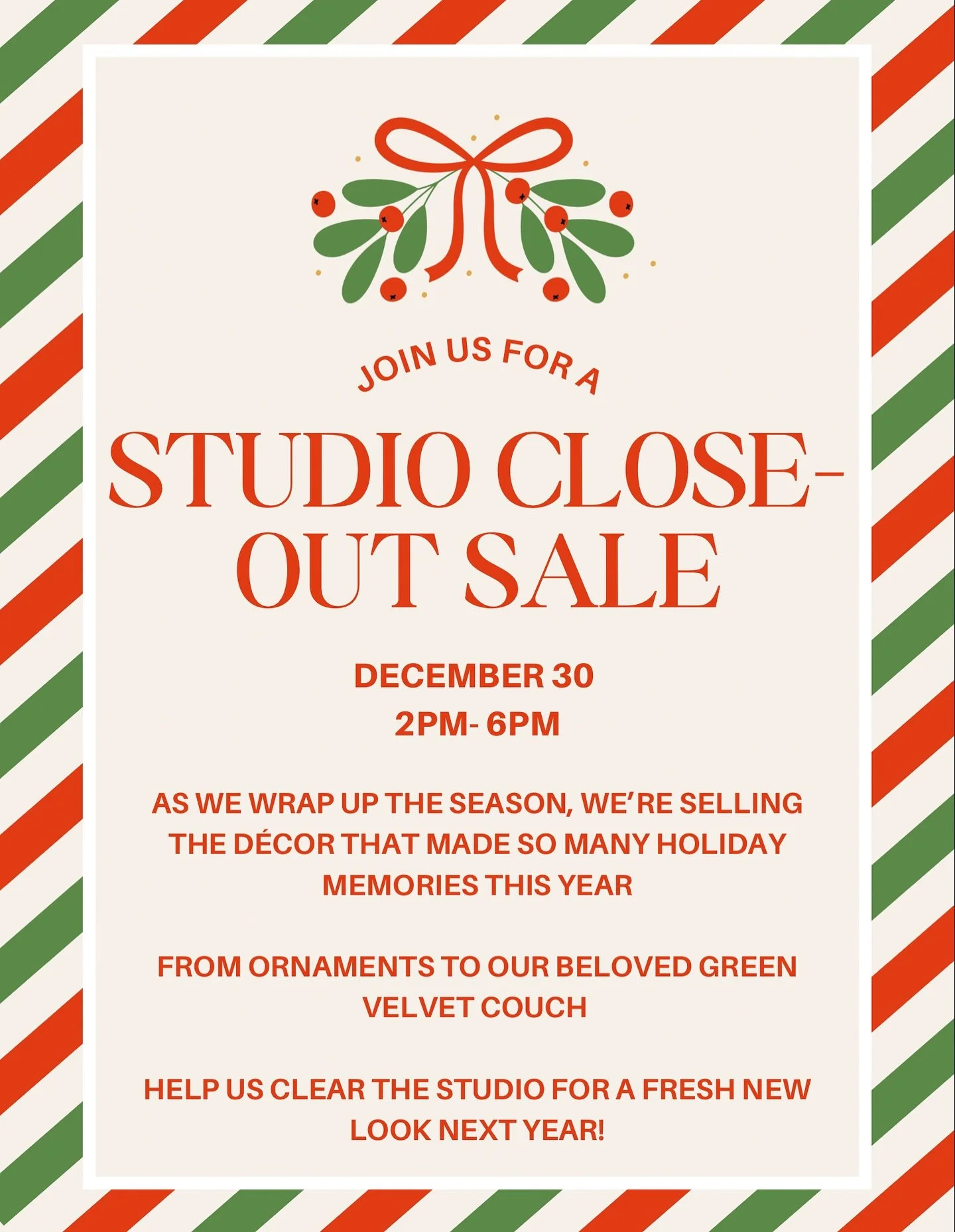 We&rsquo;re clearing out the studio to make room for an all-new holiday look next year ✨
 That means many of the pieces you&rsquo;ve loved all season are up for grabs &mdash; from ornaments to our iconic green velvet couch 💚

🛍️ Studio Close-Out Sa