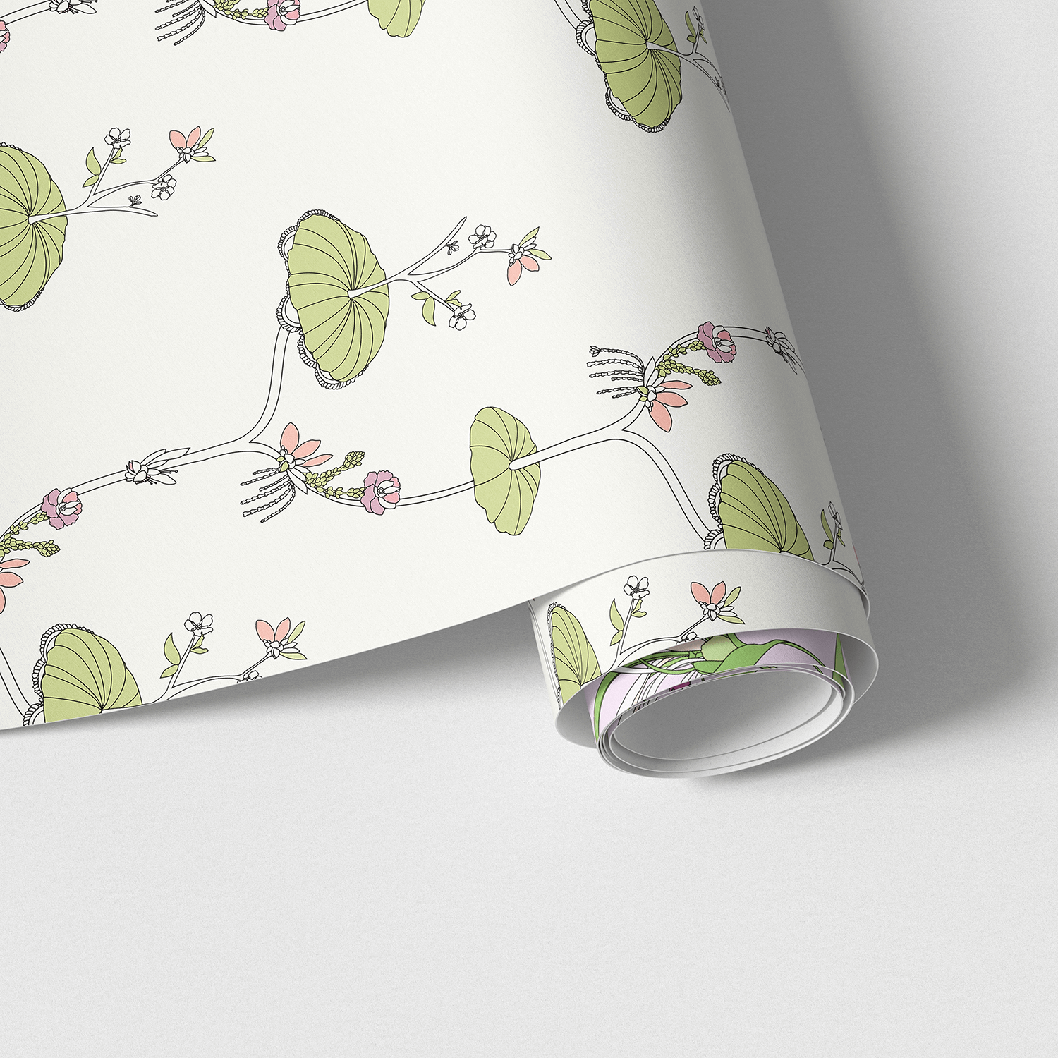 Rolled wallpaper featuring a floral pattern with green leaves and pink flowers on a white background. Adorable design suitable for nursery or playroom.