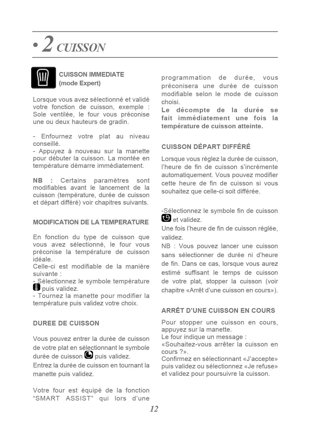 Page de manuel en français sur la fonction de cuisson d'un appareil électroménager, avec sections sur la cuisson immédiate, cuisson différée, modification de température, durée de cuisson et arrêt d'une cuisson en cours.