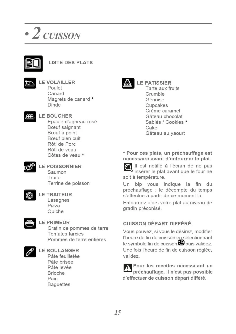 Page de menu de recettes avec sections pour différentes catégories de plats, incluant volailles, boucherie, poissonnerie, traiteur, primeur, boulangerie, et instructions pour la cuisson à départ différé.