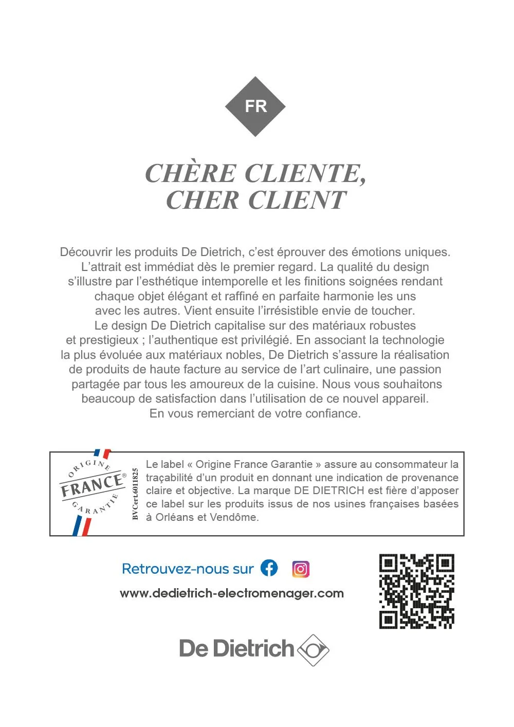 Page de présentation d'une marque de produits de cuisine De Dietrich, avec texte en français et mention du label Origine France Garantie, logo De Dietrich, icônes de réseaux sociaux Facebook et Instagram, site web, code QR.