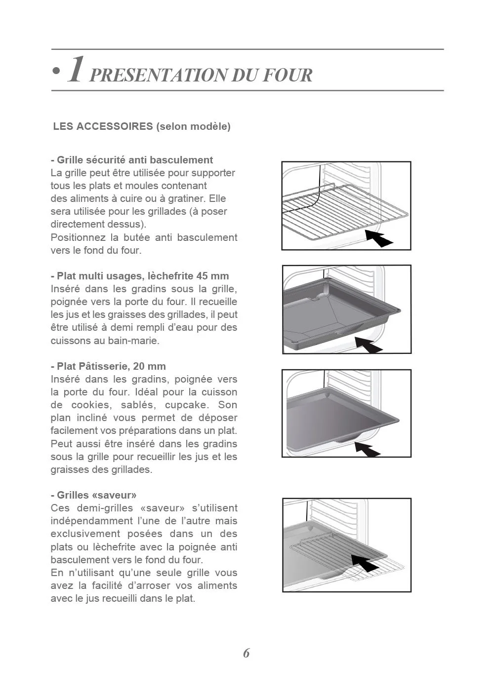 Page d'un manuel avec descriptions illustrées des accessoires pour four, incluant une grille de sécurité antirotation, un plateau multi-usages, un plateau pâtisserie, et une grille 'saveur'.