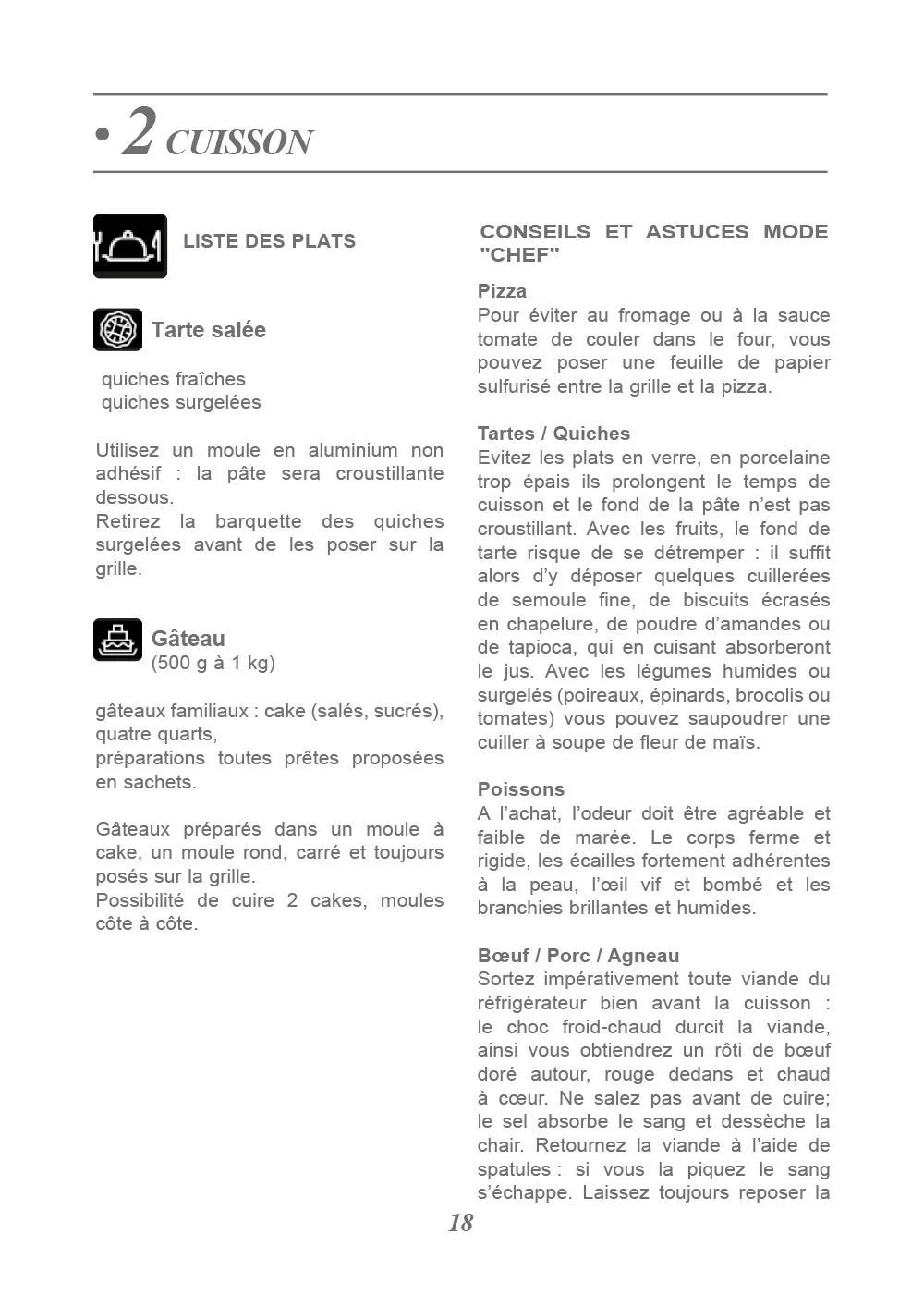 Page de guide de cuisine avec conseils sur la cuisson, une liste de plats, incluant tarte salée, gâteau, et recommandations pour la pizza, tarte, poissons, viande, avec des instructions et astuces.