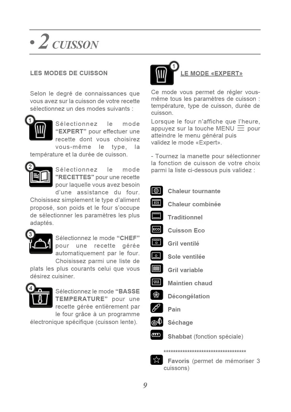 Page de manuel expliquant différents modes de cuisson pour un four, y compris le mode 'Expert', 'Recettes', 'Chef' et 'Basse Température', avec des icônes associées et une liste de fonctions de cuisson.