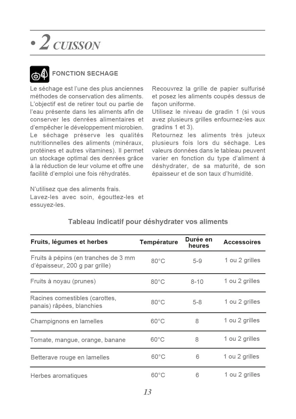 Page de manuel de cuisson avec section sur la fonction de séchage, proposant une méthode de conservation des aliments via déshydratation, incluant un tableau indicatif pour déshydrater différents fruits, légumes et herbes, avec températures, durées et accessoires nécessaires.