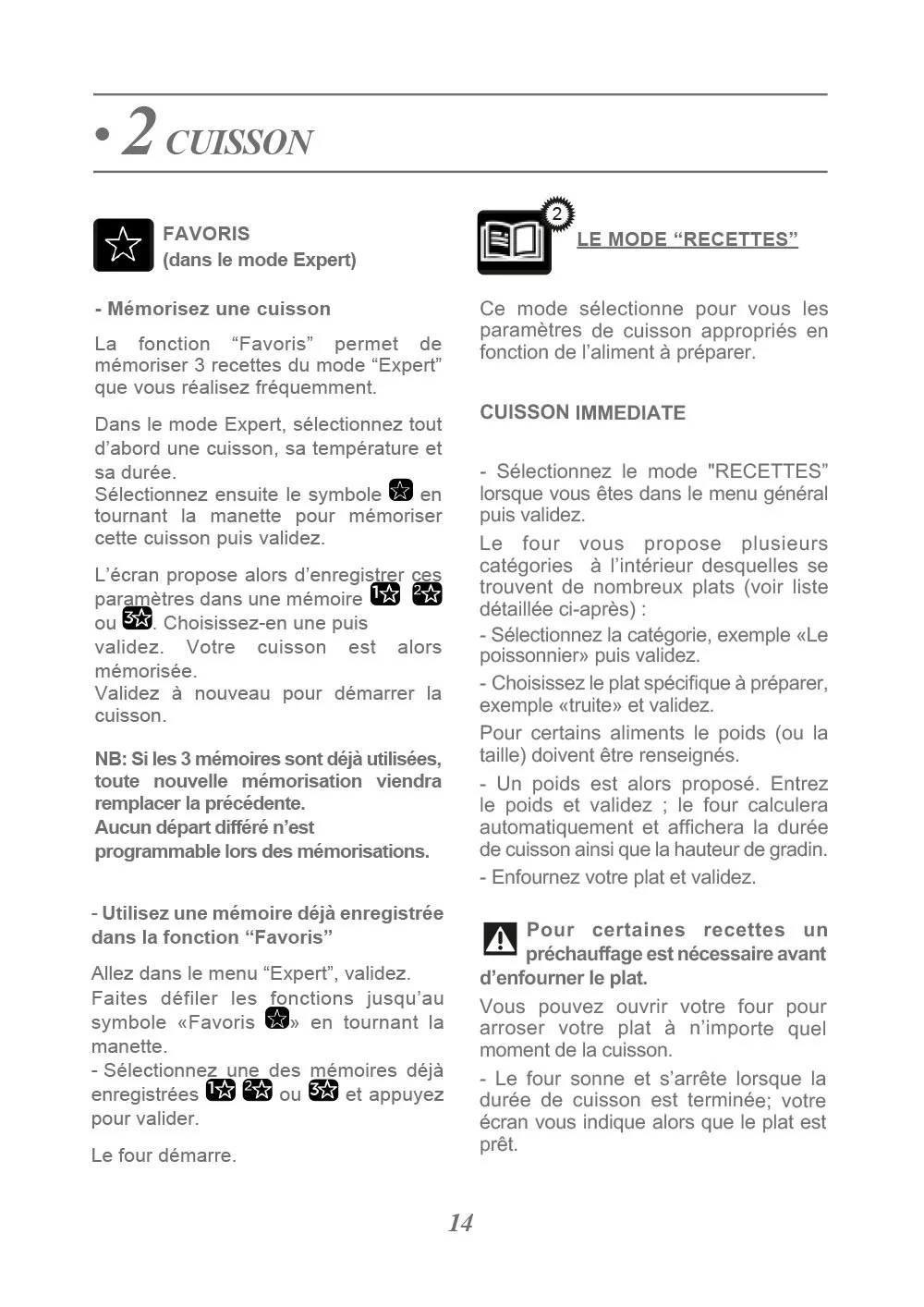 Page de manuel en français avec texte sur la fonction Favoris pour mémoriser des recettes de cuisson, et mode 'Recettes' pour paramètres de cuisson, ainsi que sur la cuisson immédiate et précautions pour certains plats.