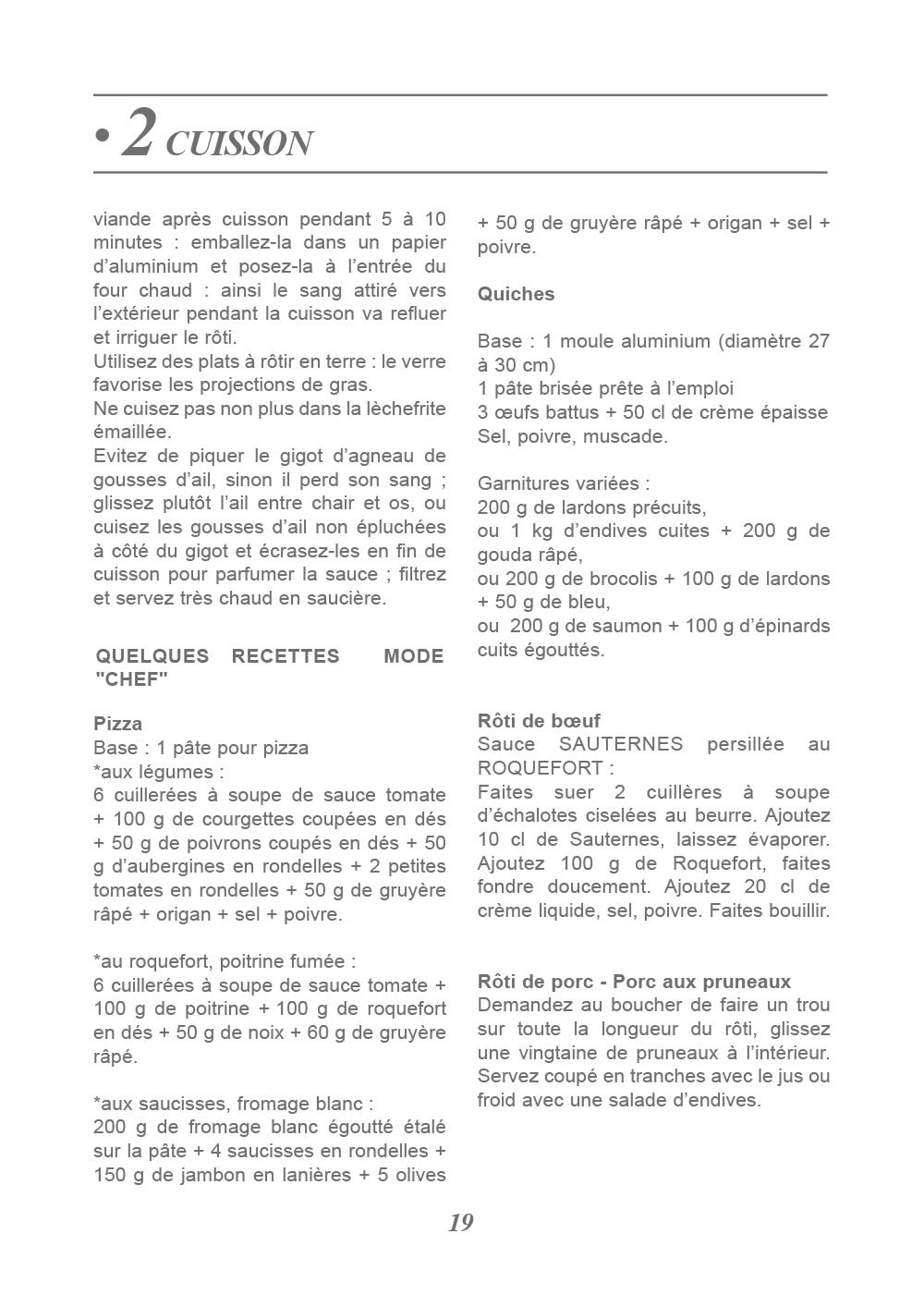 Page de recette de cuisine avec instructions pour la cuisson de la viande, description de différentes recettes comme pizza, rôti de bœuf et rôti de porc avec leurs ingrédients et modes de préparation.