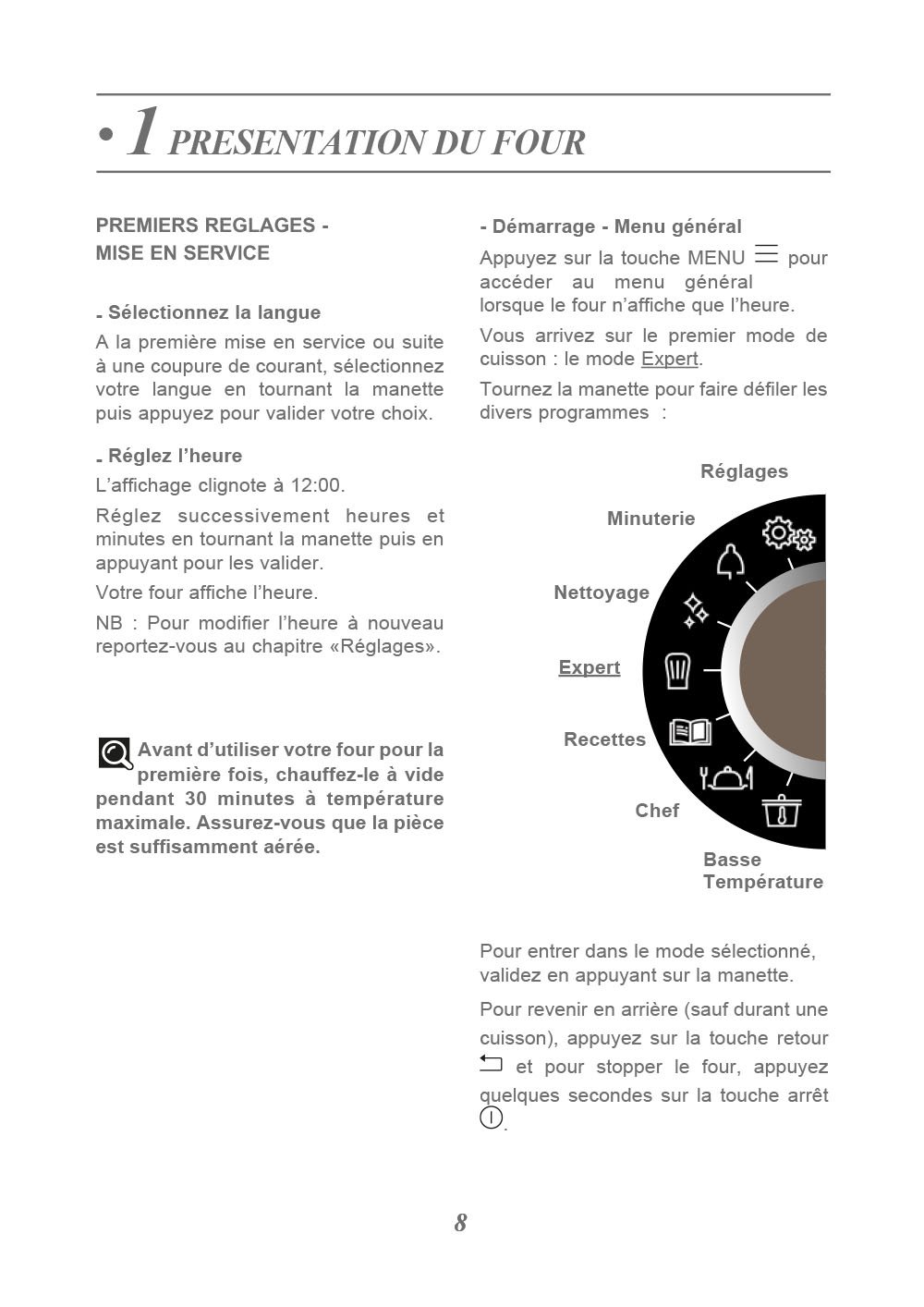 Page de manuel d'utilisation d'un four, avec instructions pour la mise en marche, la sélection de la langue, le réglage de l'heure, et un diagramme du panneau de contrôle avec différentes fonctions
