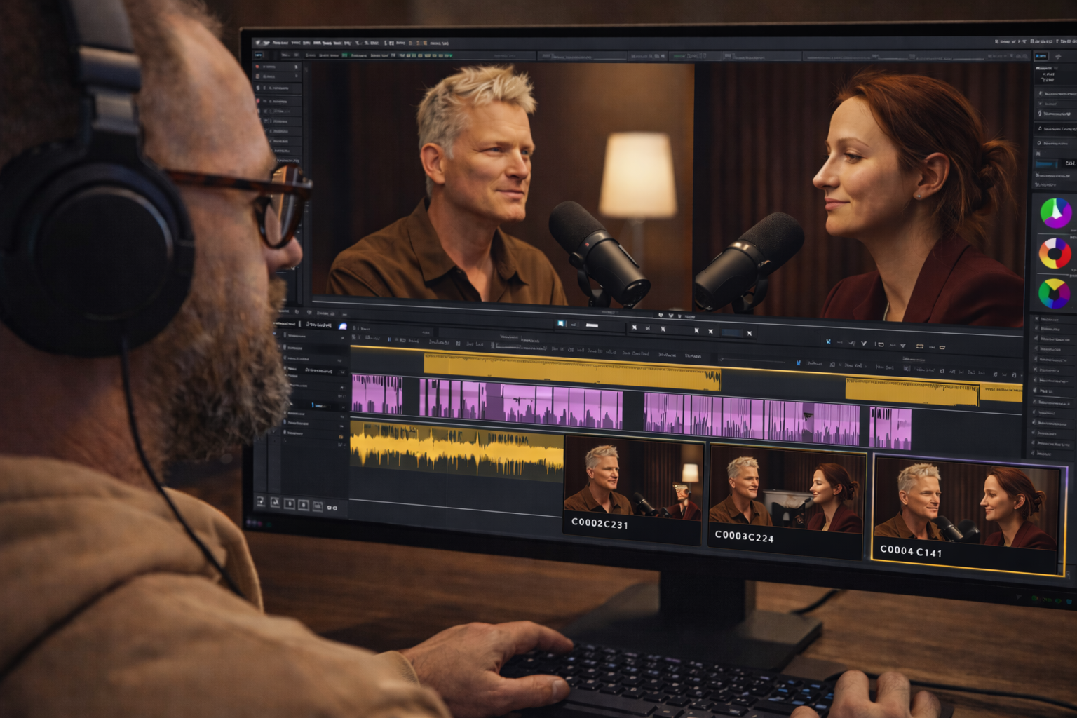 A videographer edits a podcast recording on a computer with a large monitor showing video clips and audio waveforms, with two people speaking into microphones in a professional recording studio.