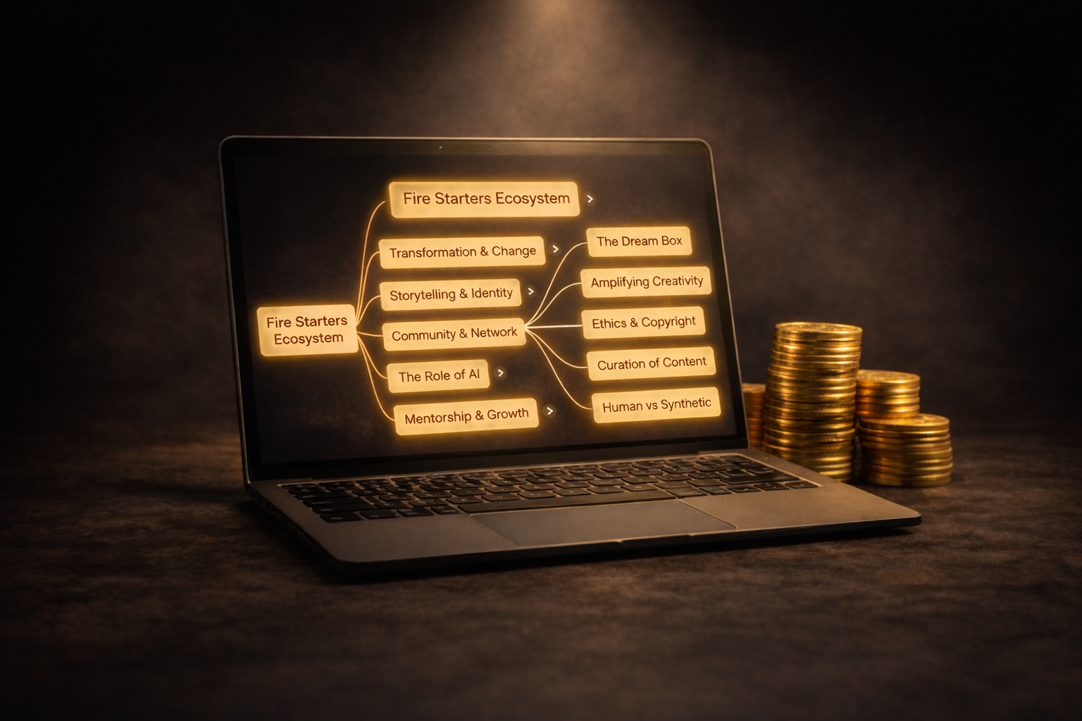 Laptop displaying a mind map titled 'Fire Starters Ecosystem' with topics and subtopics, and stacks of gold coins beside it.