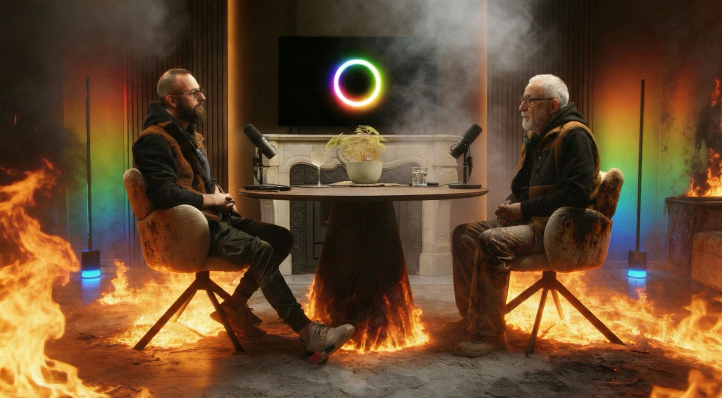 Two men sit facing each other at a round table in a surreal setting with fire on the floor and walls, and a rainbow-colored circle on a screen behind them.