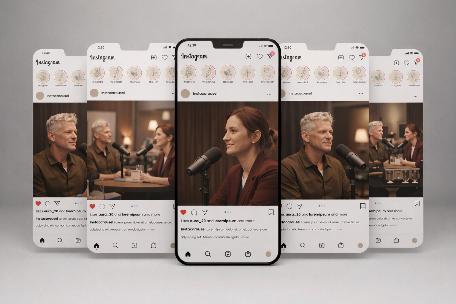 Multiple smartphones displaying an Instagram post of two people having a conversation, with a woman speaking into a microphone, with icons and text visible on the screen.