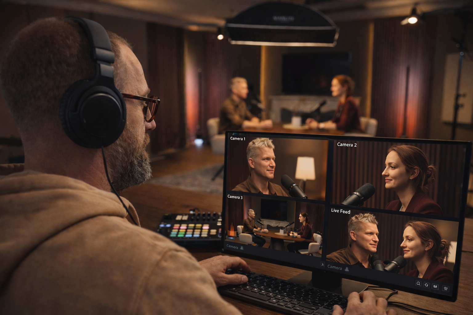 A video producer wearing headphones and glasses operates a computer with multiple camera feeds showing a podcast recording session in a recording studio.