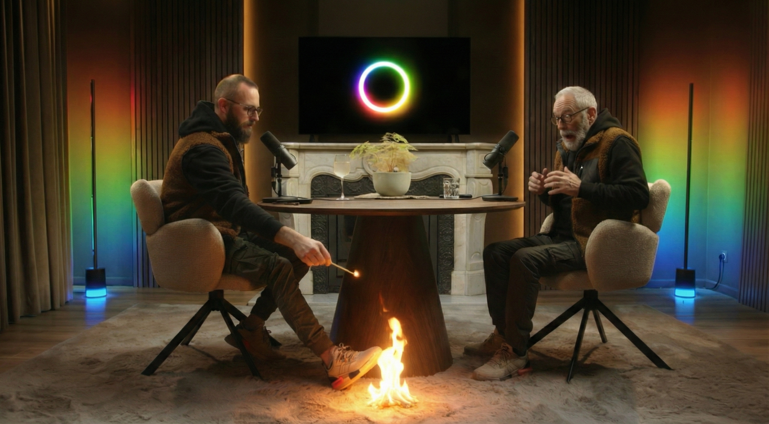 Two men sit across from each other in a cozy room with rainbow-colored lighting. The man on the left is lighting a small fire on a sparker held near the floor, while the man on the right appears to be explaining something. A round table with microphones, a plant, and glasses is between them. A large screen behind them displays a rainbow-colored circle.