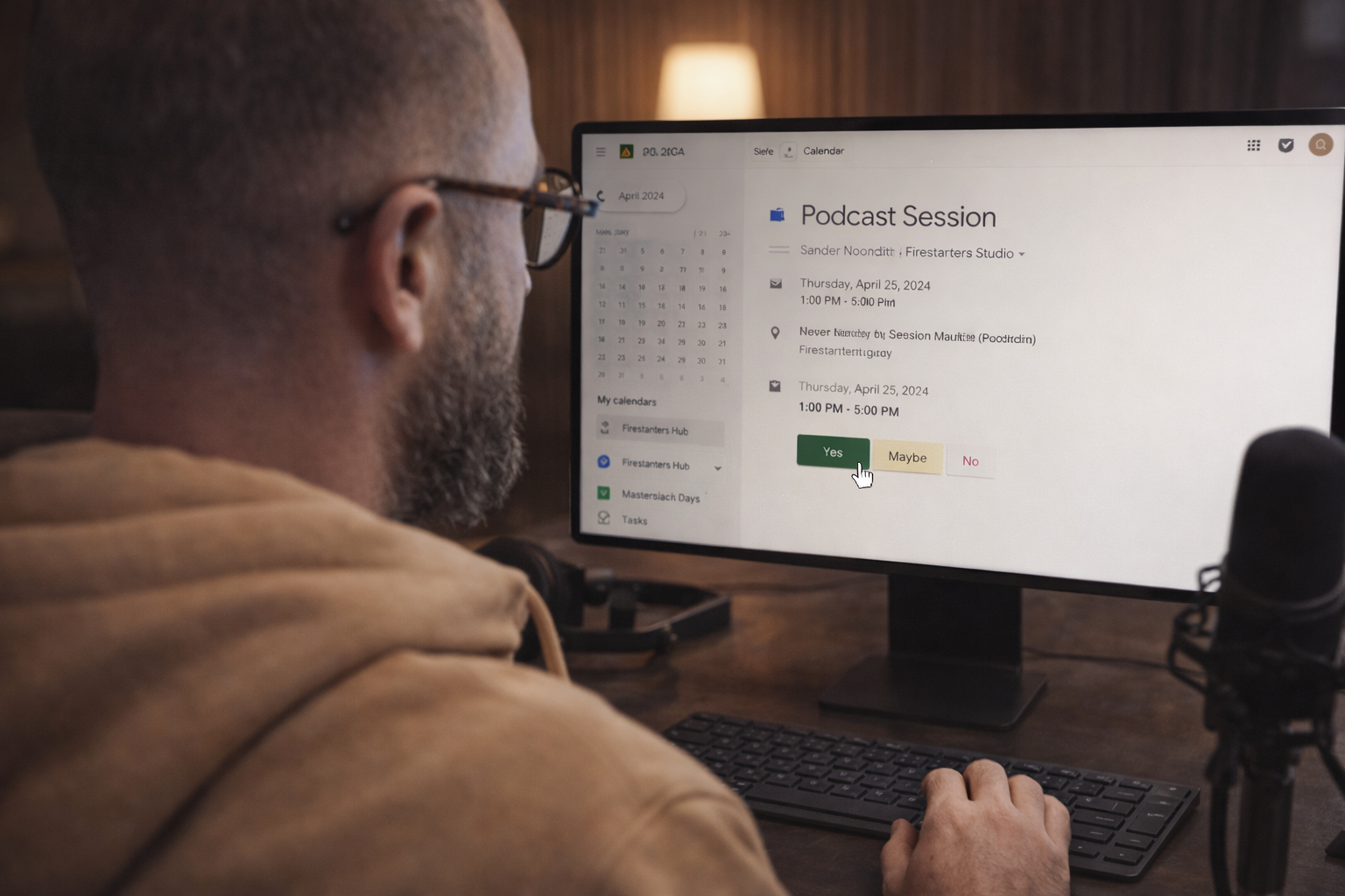 Man with glasses and a beard sitting at a desk, looking at a computer monitor with a calendar and podcast scheduling interface on the screen, a microphone on the side.