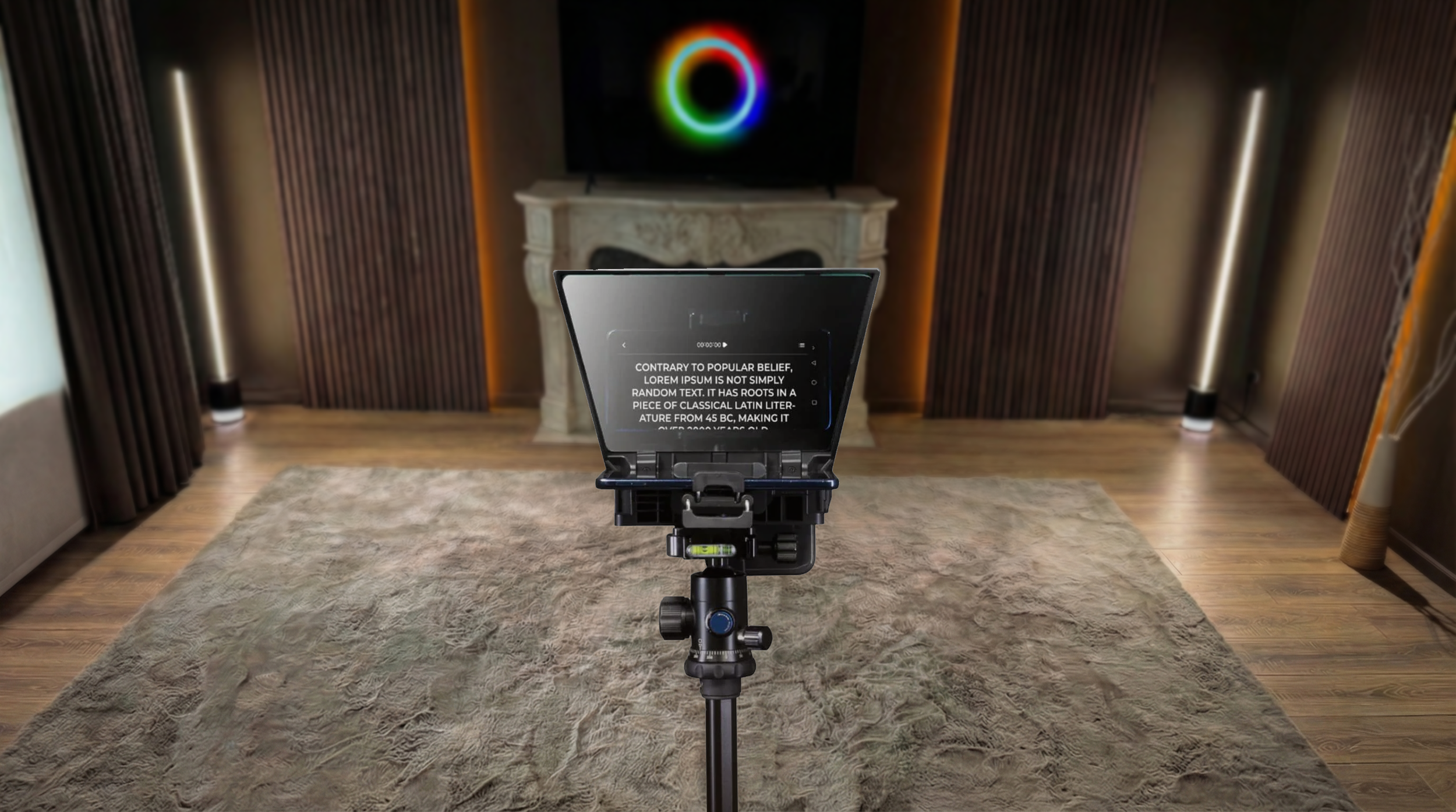 A camera on a tripod recording a living room with a fireplace, a TV displaying a rainbow-colored circle, and audio speakers, with a rug on the floor.