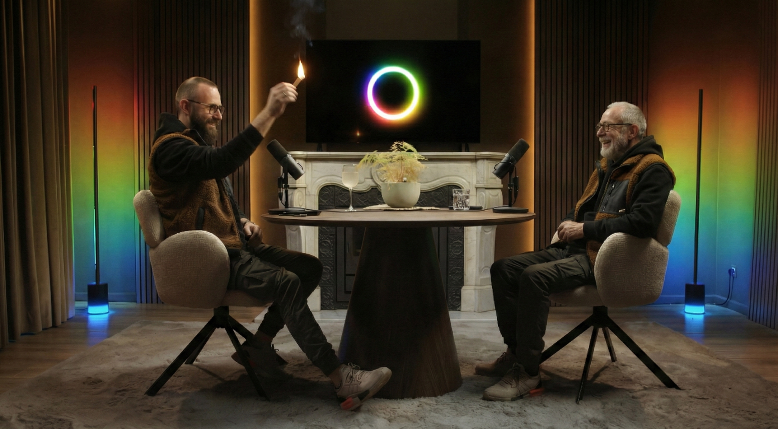 Two men sitting in a decorated room with a wooden table between them, microphones, a plant, and a large screen displaying a colorful ring. The man on the left is holding a matchstick, and both are smiling.