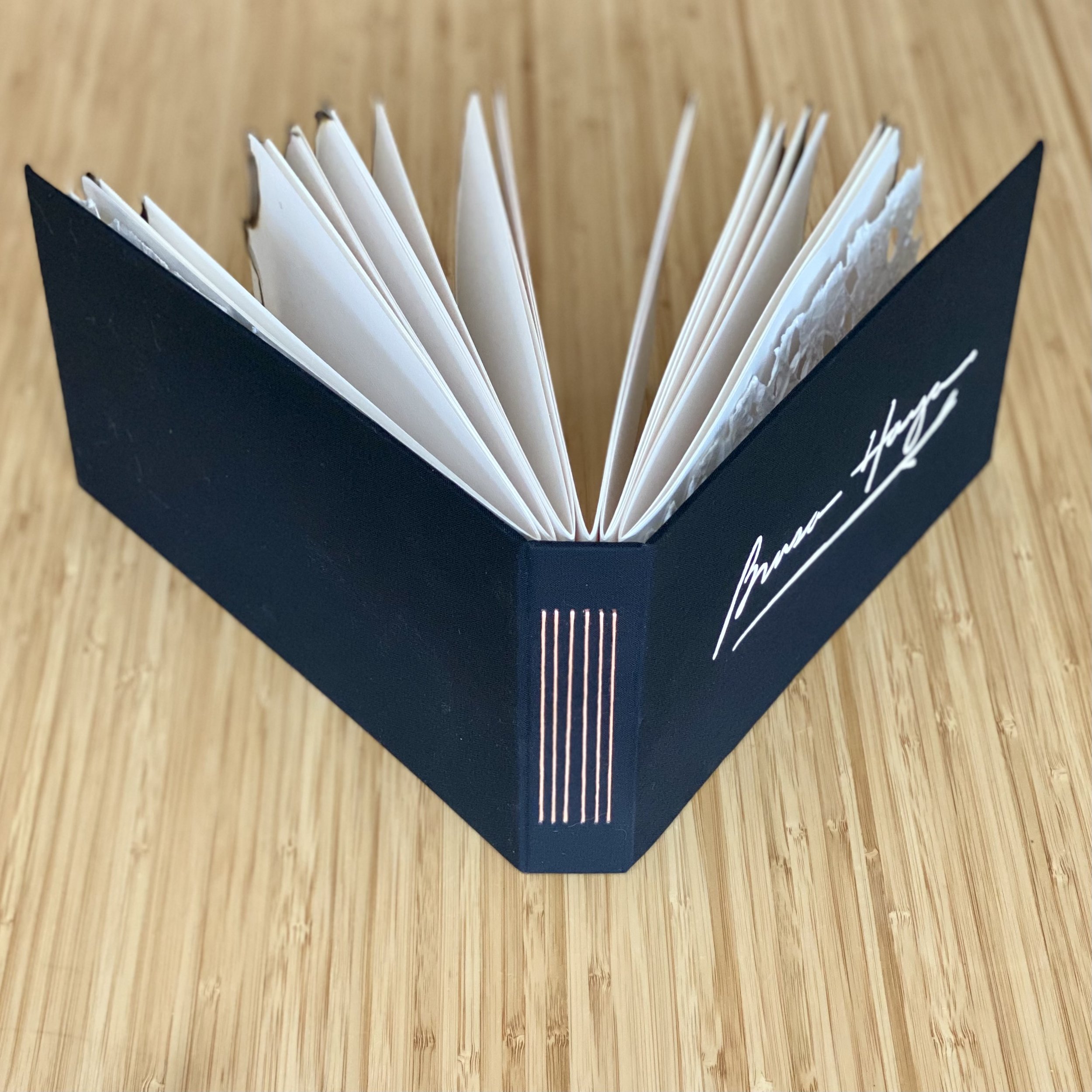 Guestbook for Brasa Haya, a resturant serving Spanish cuisine in Portland, OR, was one of my favorites to create. The inside cover displays a sample of the wallpaper. Burnt paper edges give a nod to the restaurant's name which translates to “beech em