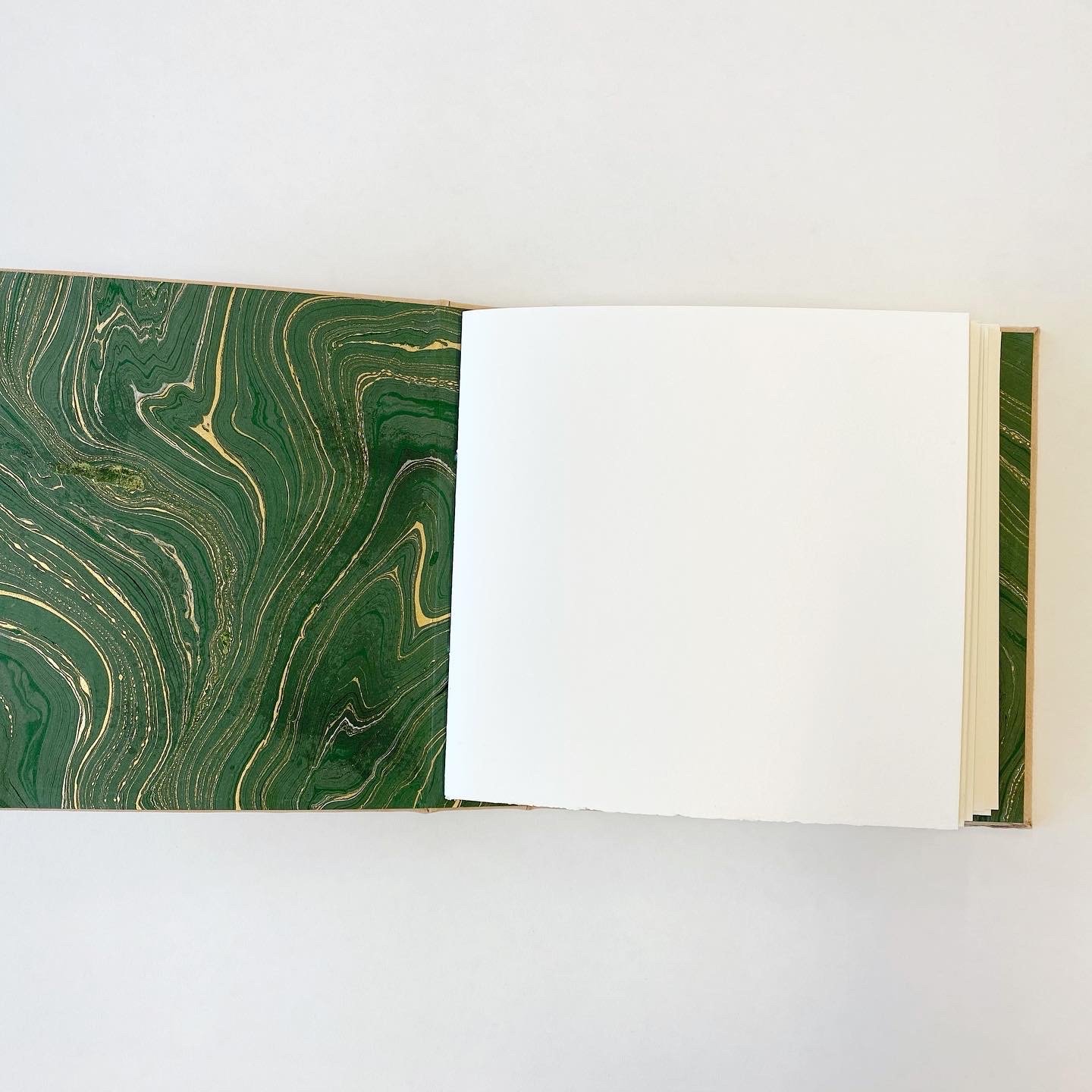 10" square leather-covered album with green and gold marbled inside covers.