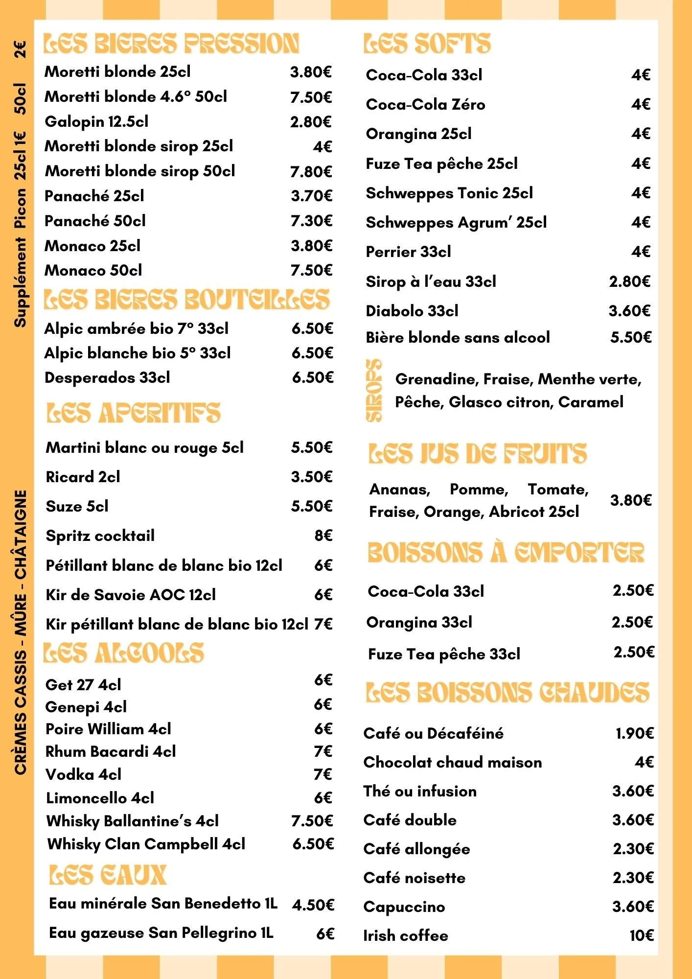 Menu de bar avec différentes catégories de boissons, y compris bières pression, bouteilles, apéritifs, alcools, eaux, softs, jus de fruits, boissons à emporter, et boissons chaudes, avec leurs prix.