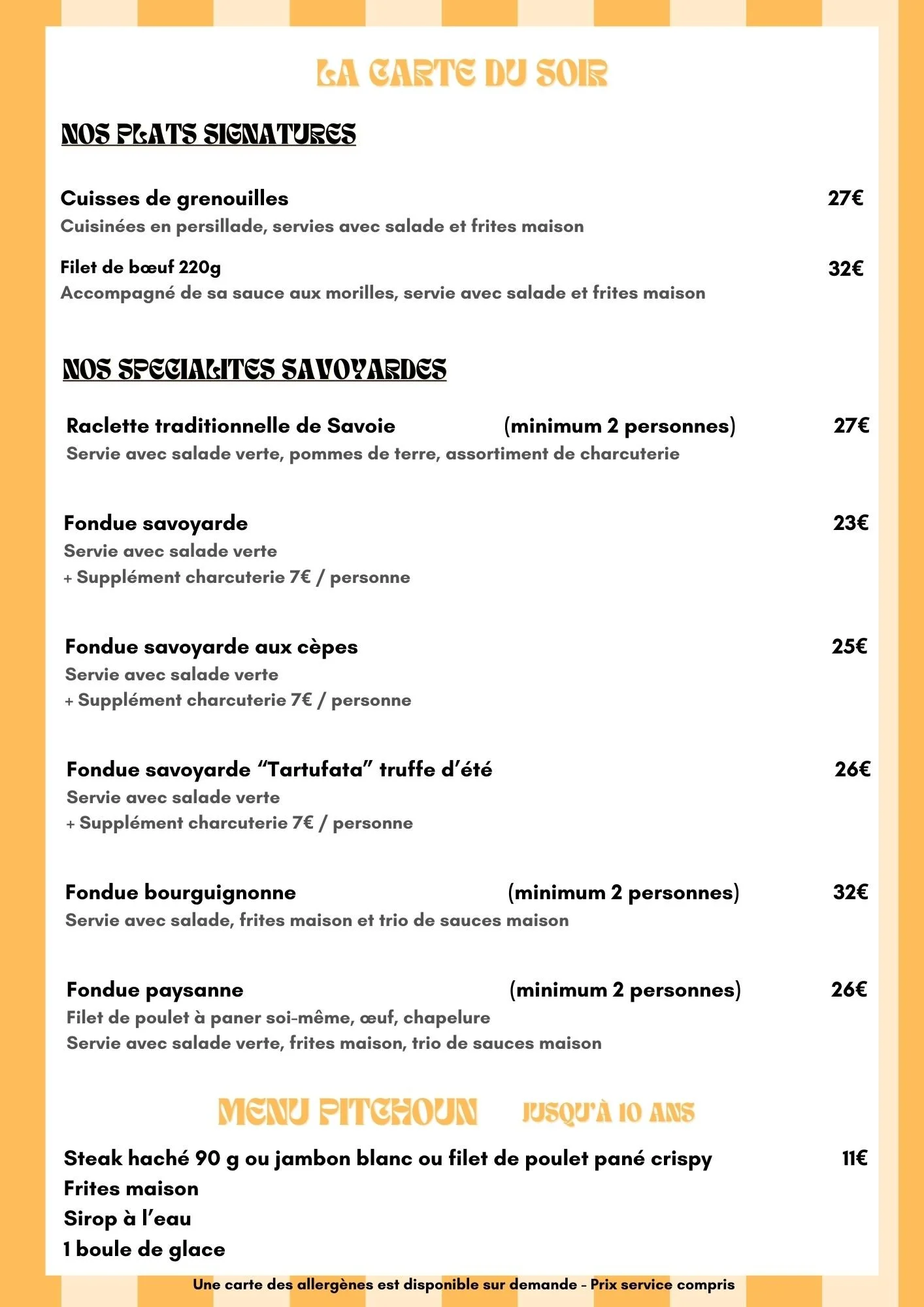 Menu de restaurant avec plats de savoyarde, spécialités de viande et menu pour enfants, avec des titres en orange et en noir, sur fond blanc avec une bordure orange.