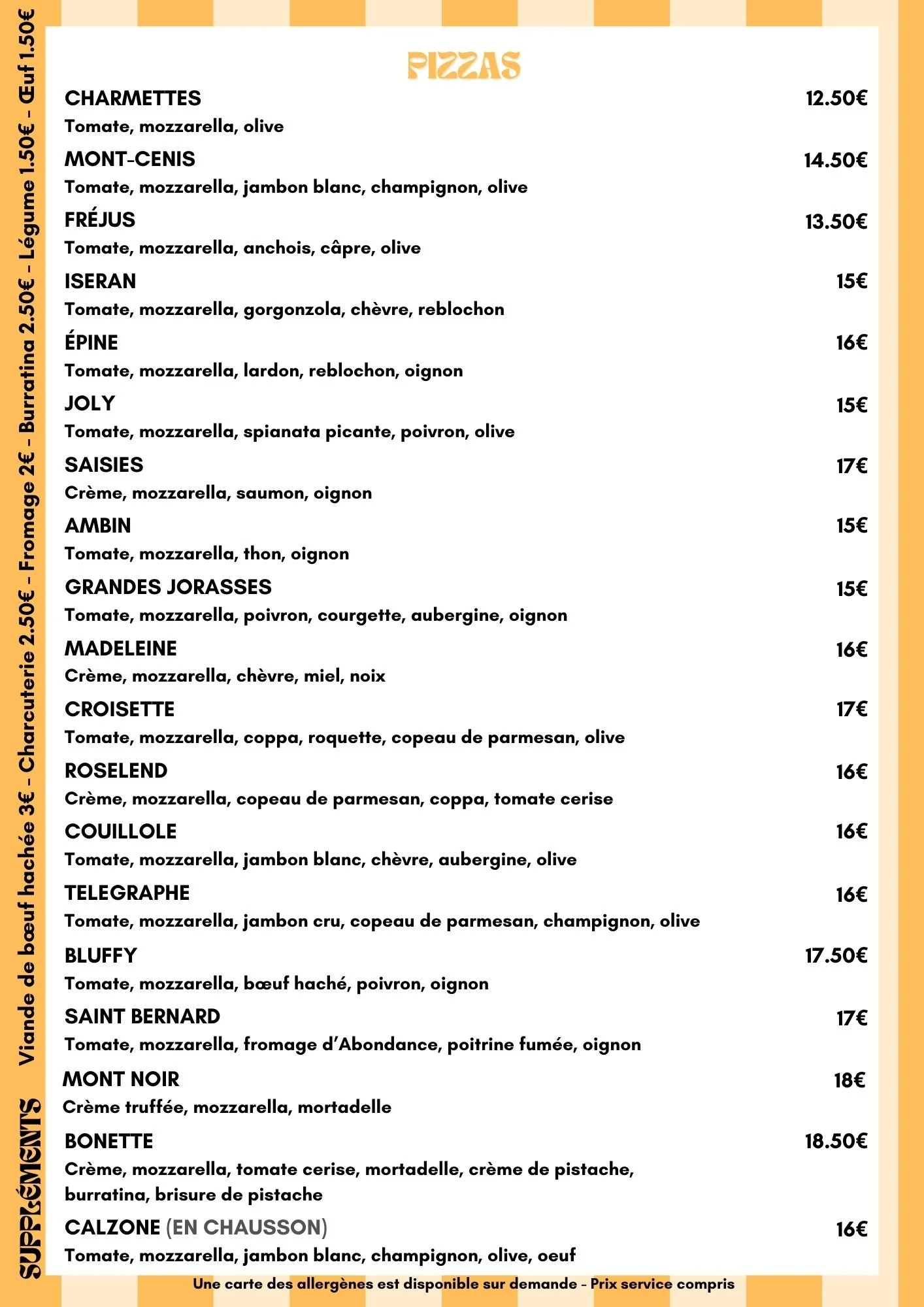 Menu de pizzas avec différentes options et leurs ingrédients, prix indiqué pour chaque pizza.