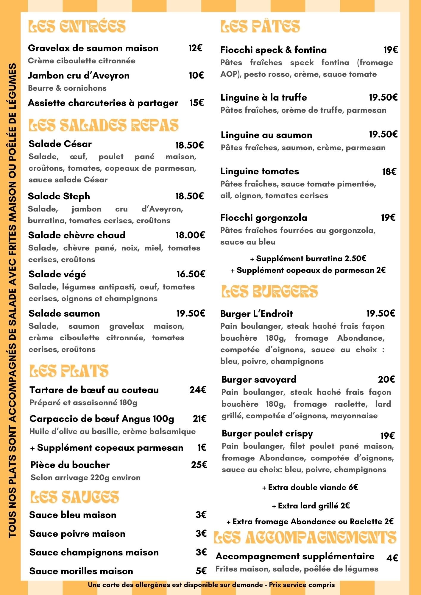 Menu de restaurant avec sections pour entrées, pâtes, salades repas, plats, sauces, burgers et accompagnements, en français et en euros.