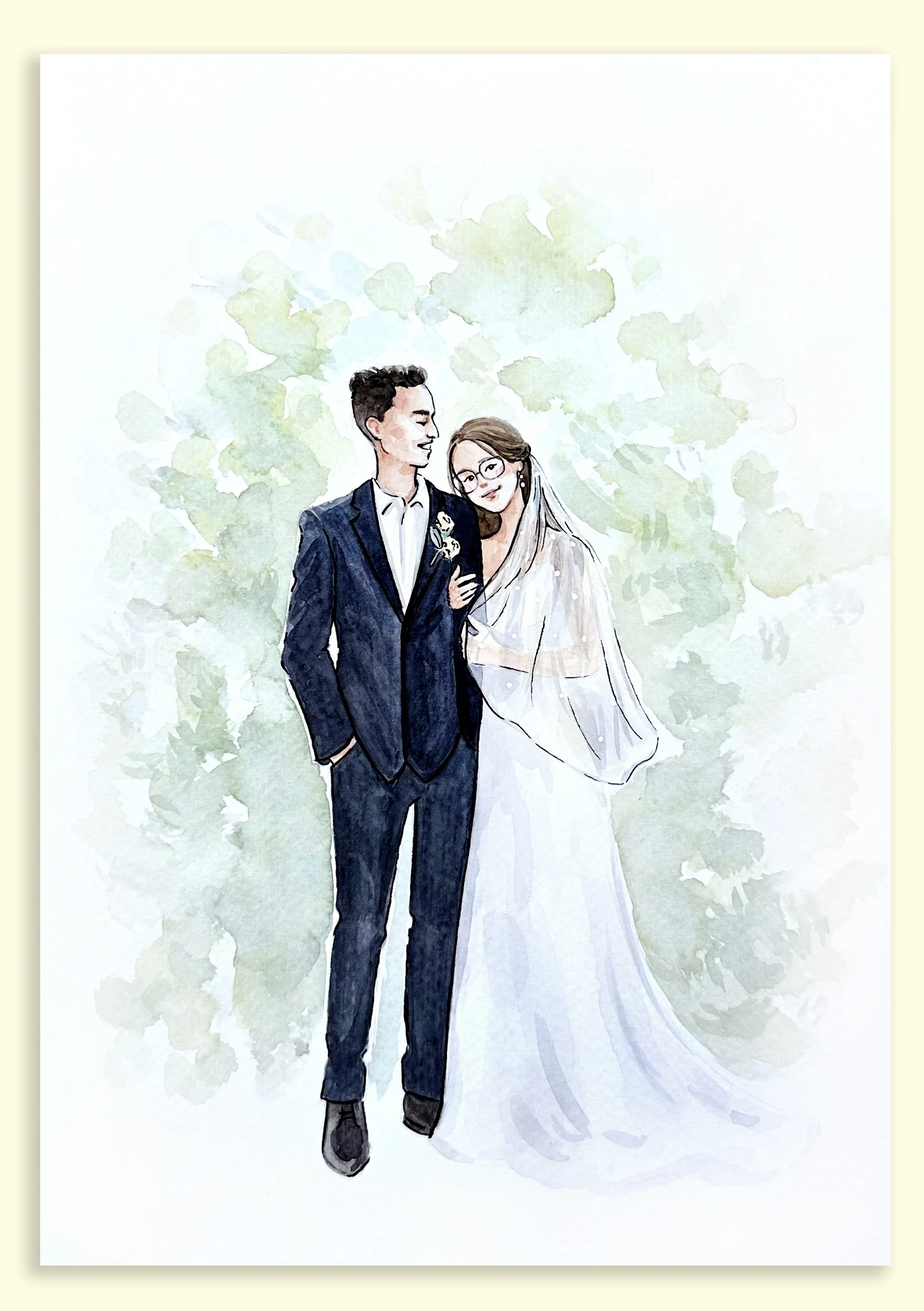 Custom watercolour portrait of a wedding couple, hand-painted in Auckland