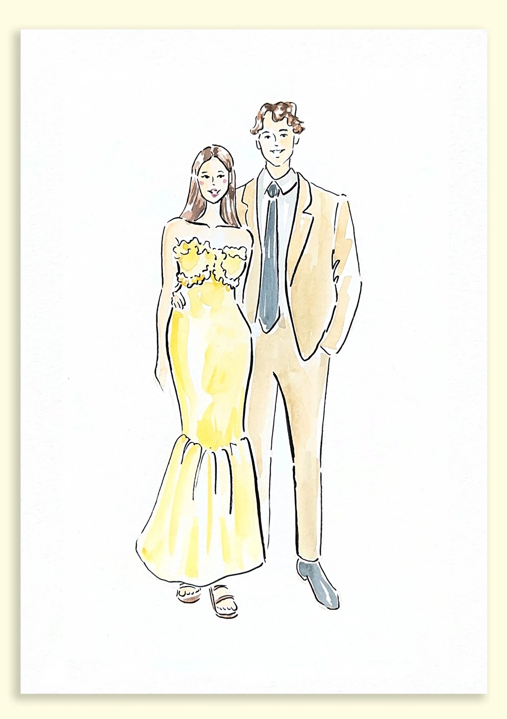 Full-body watercolour guest portrait, hand-painted live at a wedding