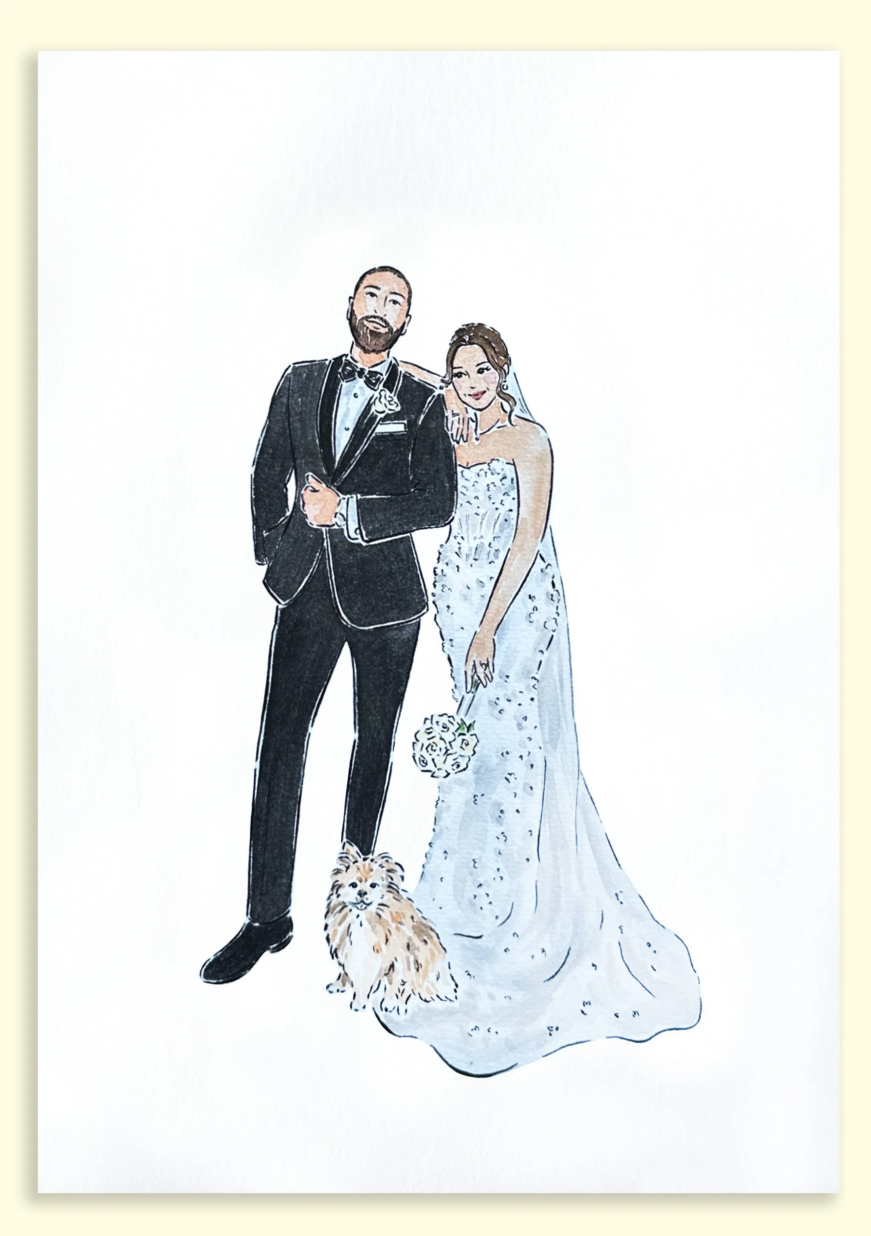 Custom watercolour portrait of a wedding couple with their pet dog, hand-painted in Auckland