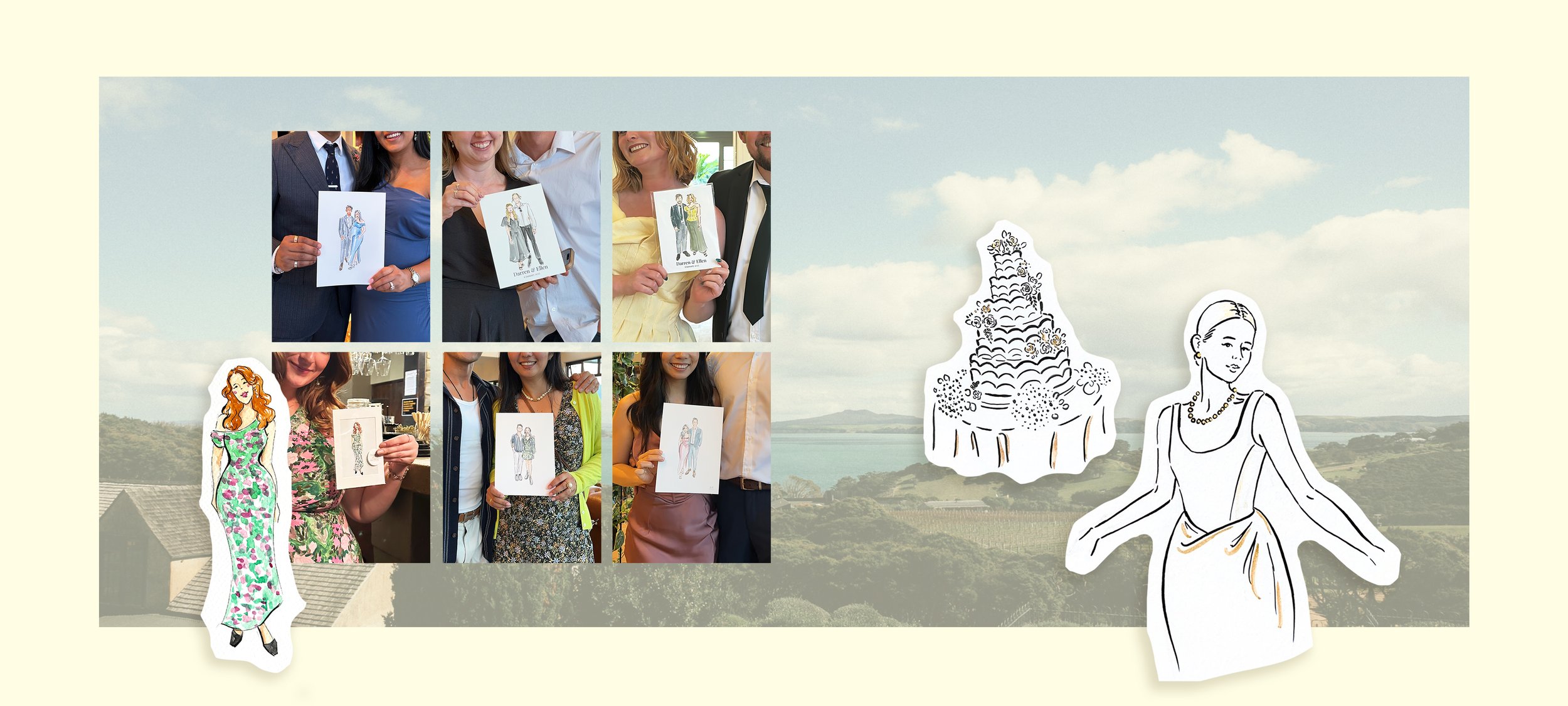 Live watercolour wedding illustration in progress at an Auckland wedding