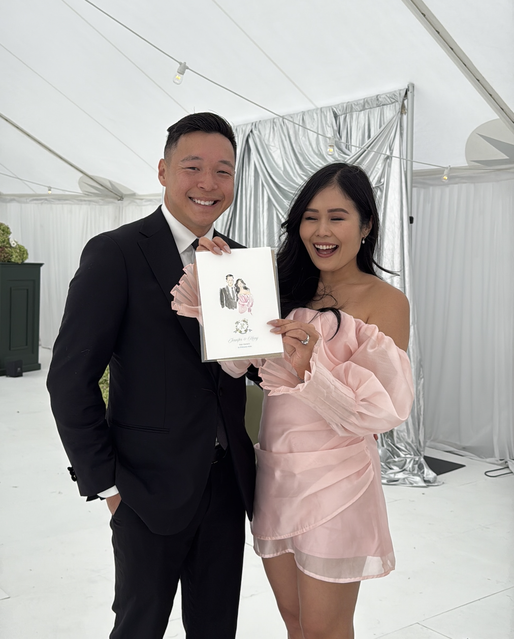A completed live illustration portrait from a wedding event