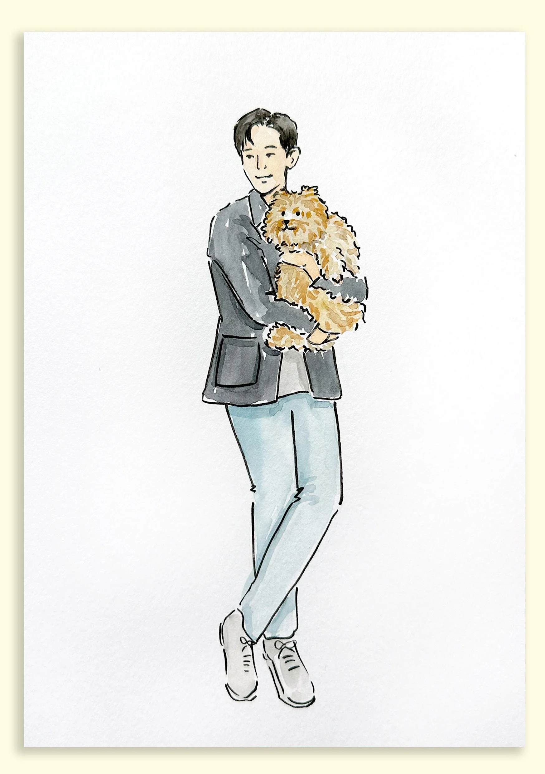 Watercolour illustration of a guy and his pet dog
