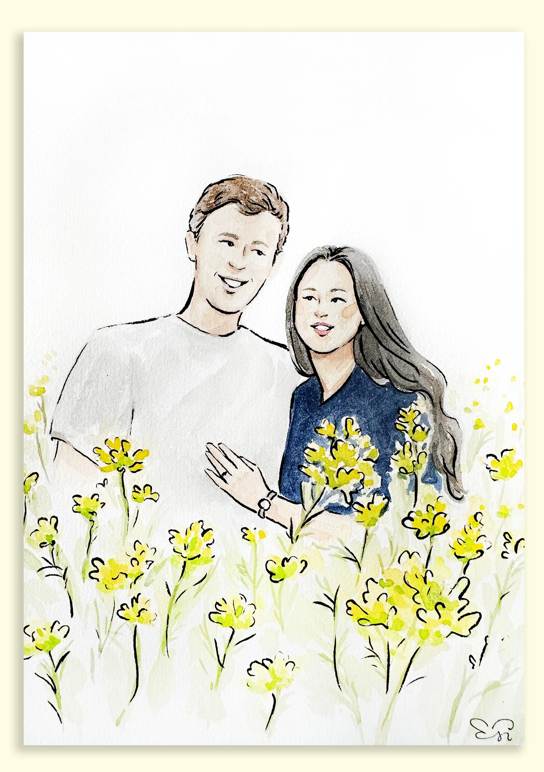 Custom watercolour portrait of a couple, hand-painted in Auckland