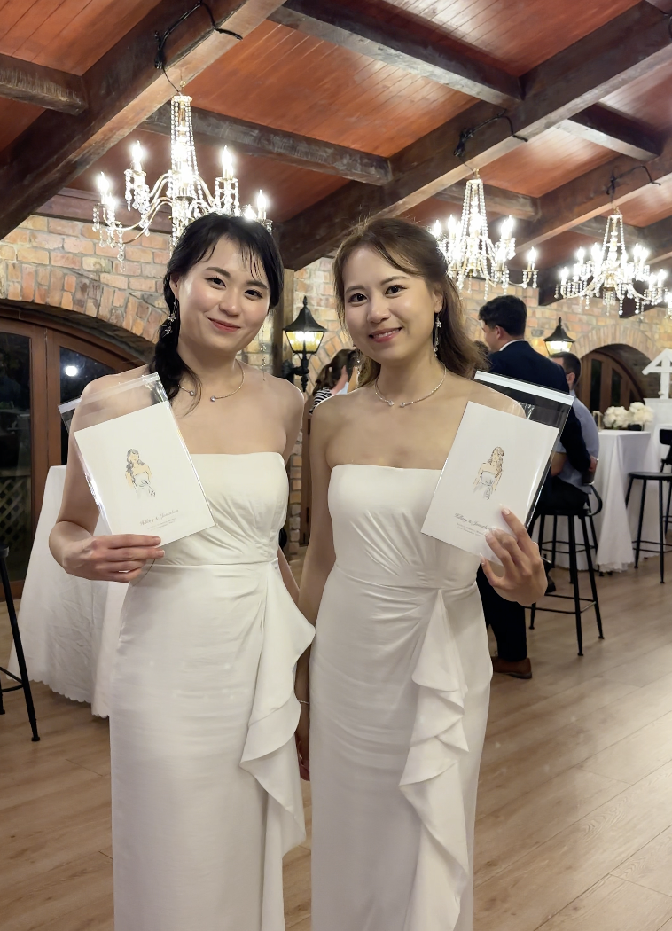 A completed live illustration portrait from a wedding event
