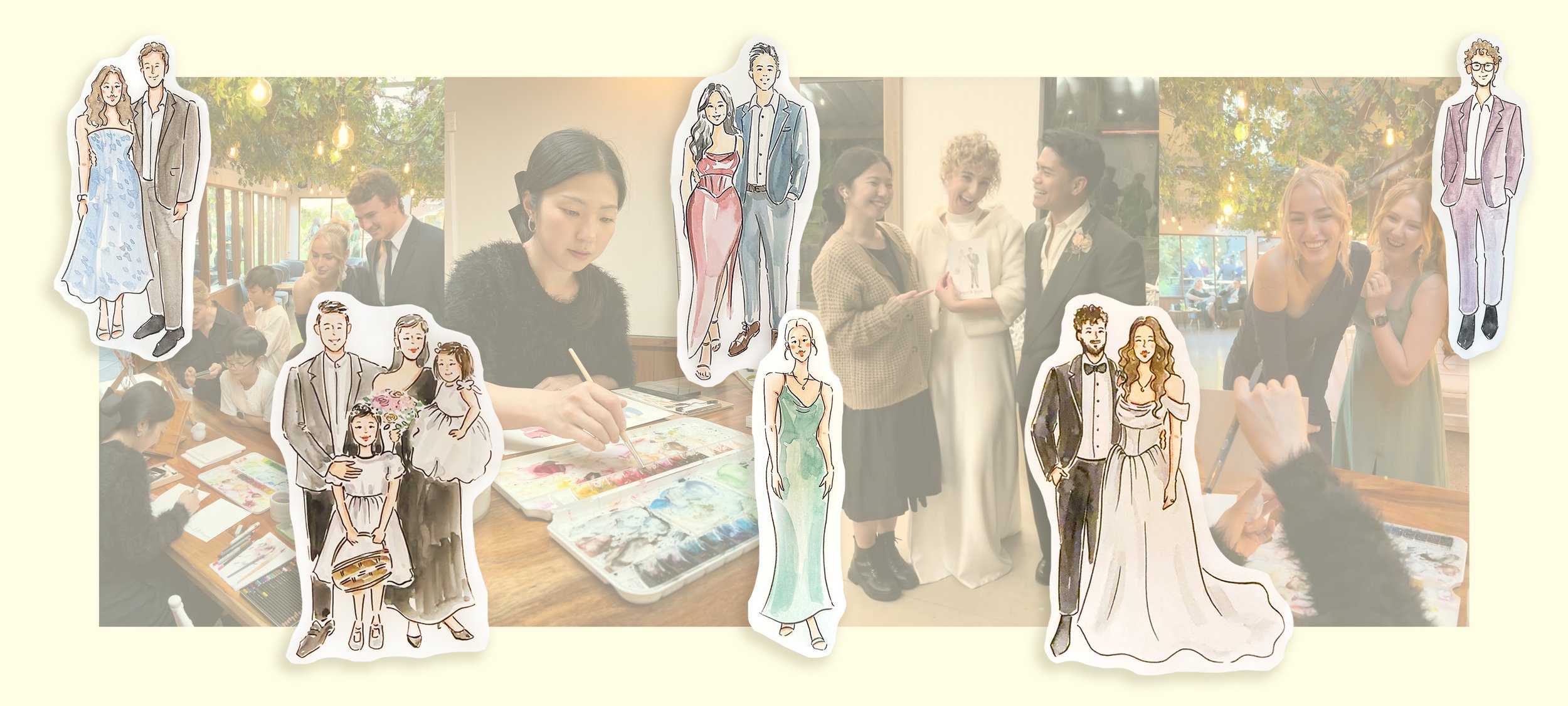 Live watercolour wedding illustrator painting at an Auckland wedding