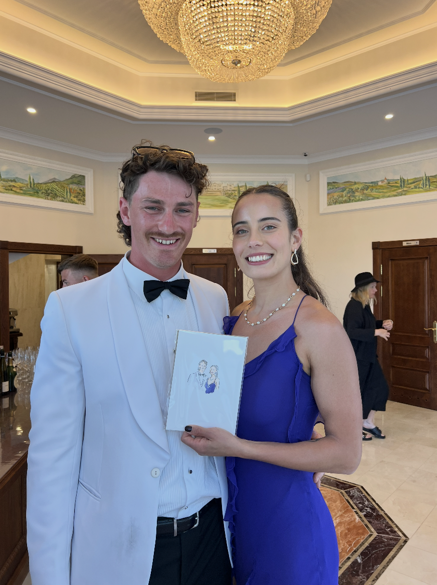 A completed live illustration portrait from a wedding event