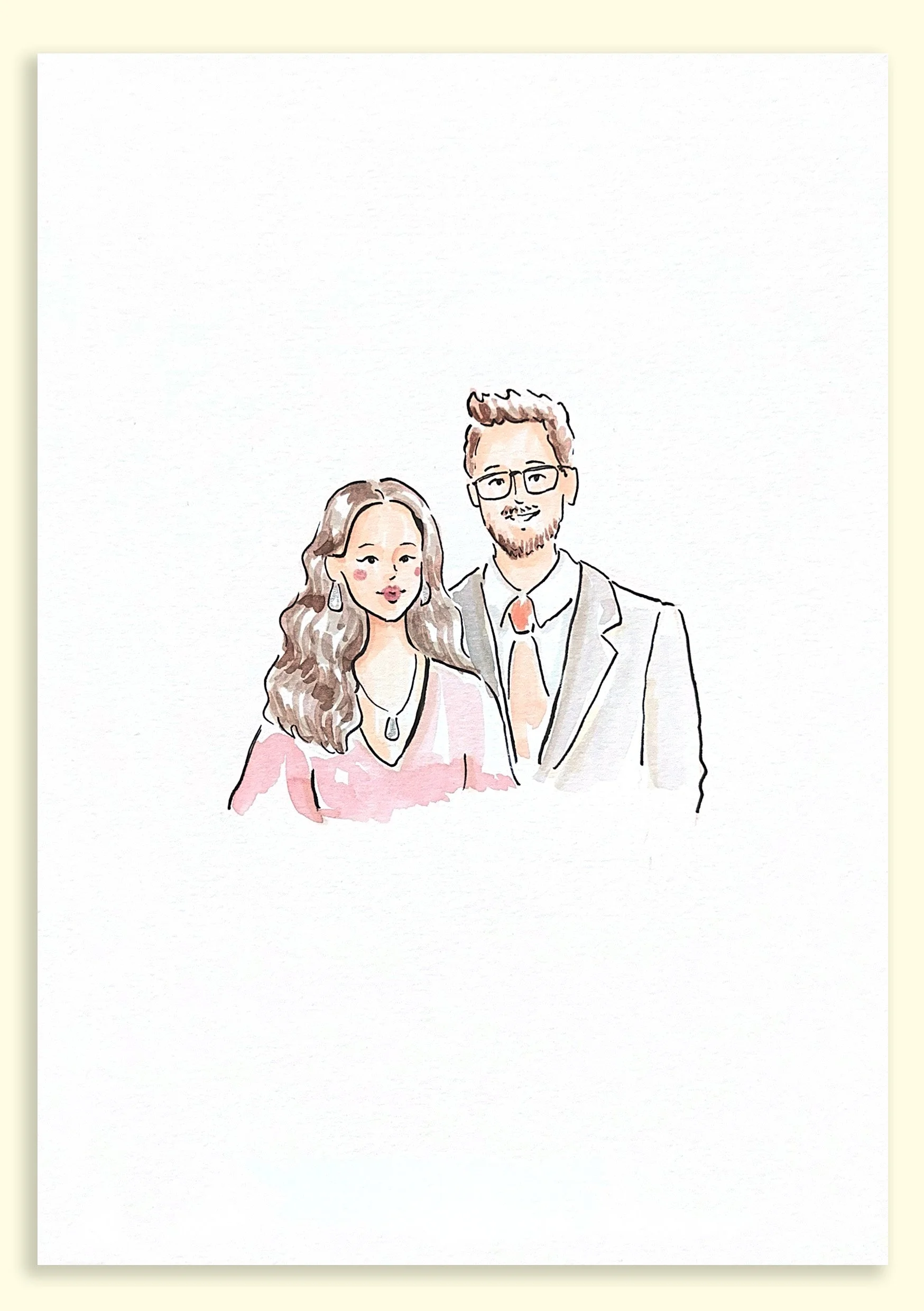 Half-body live wedding illustration on A5 watercolour paper
