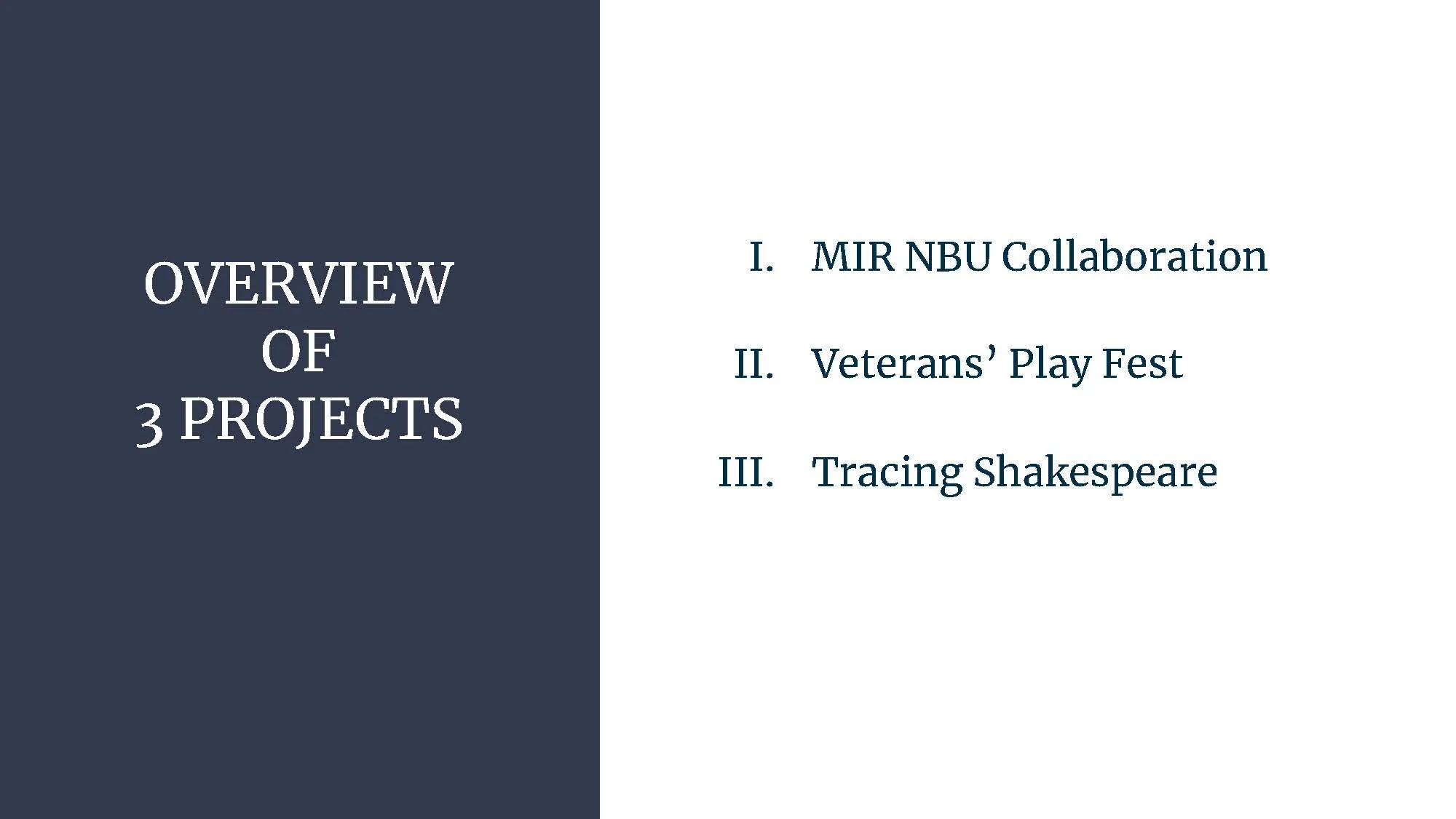 Slide titled "Overview of 3 Projects" with three listed projects: 1. MIR NBU Collaboration, 2. Veterans' Play Fest, 3. Tracing Shakespeare.