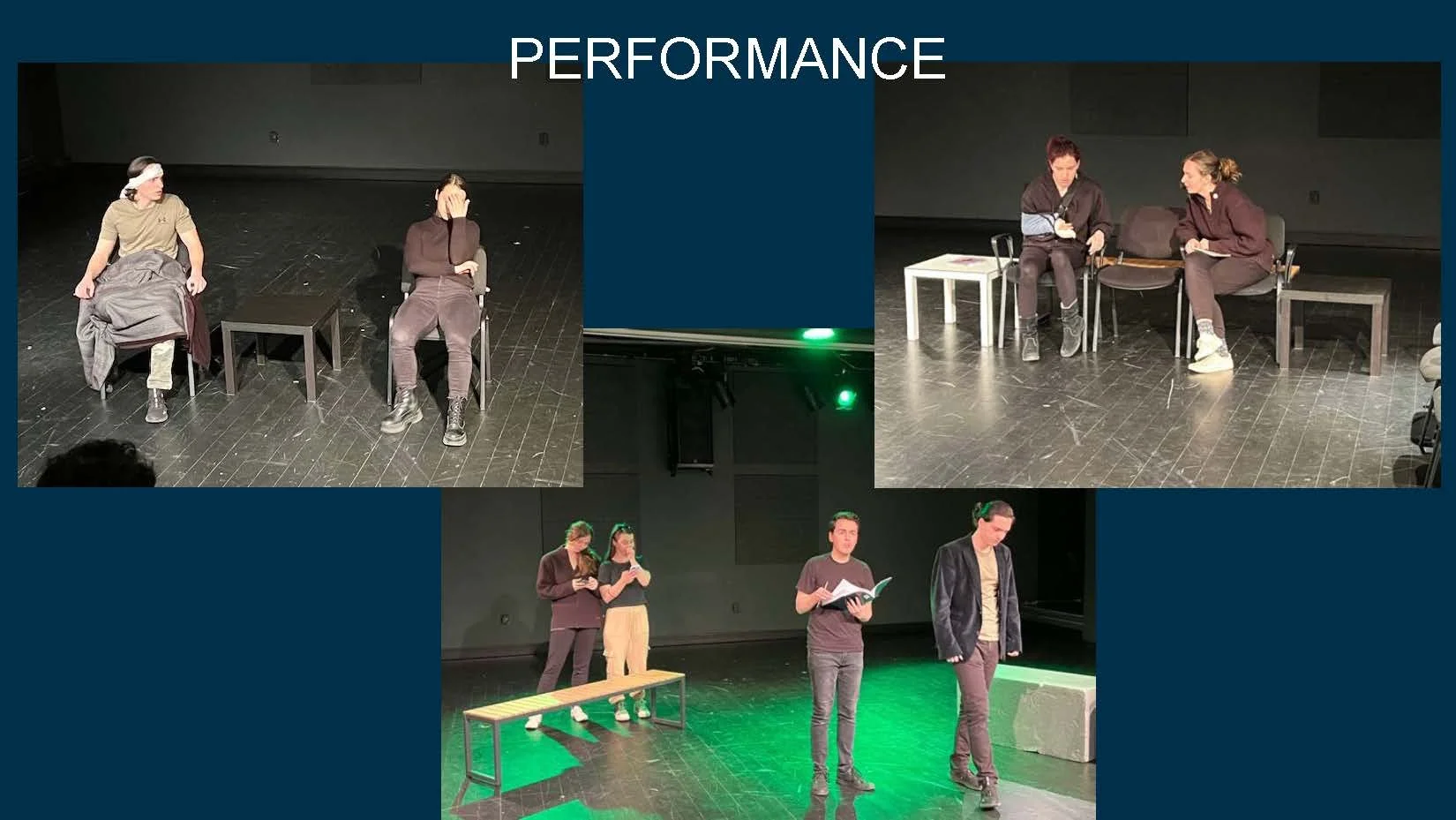 A collage of three scenes from a theatrical performance with actors on stage in different settings. The top left scene shows two actors sitting on chairs, one covering their face. The top right scene features two actors seated in conversation, and th