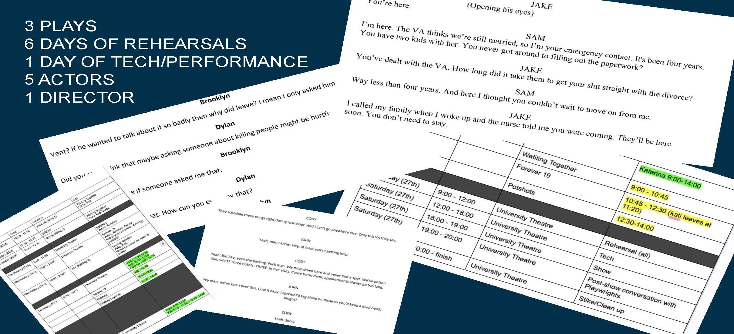 Collage of three overlapping scripts and schedules for a theatrical production, listing rehearsal times, cast, and crew details.