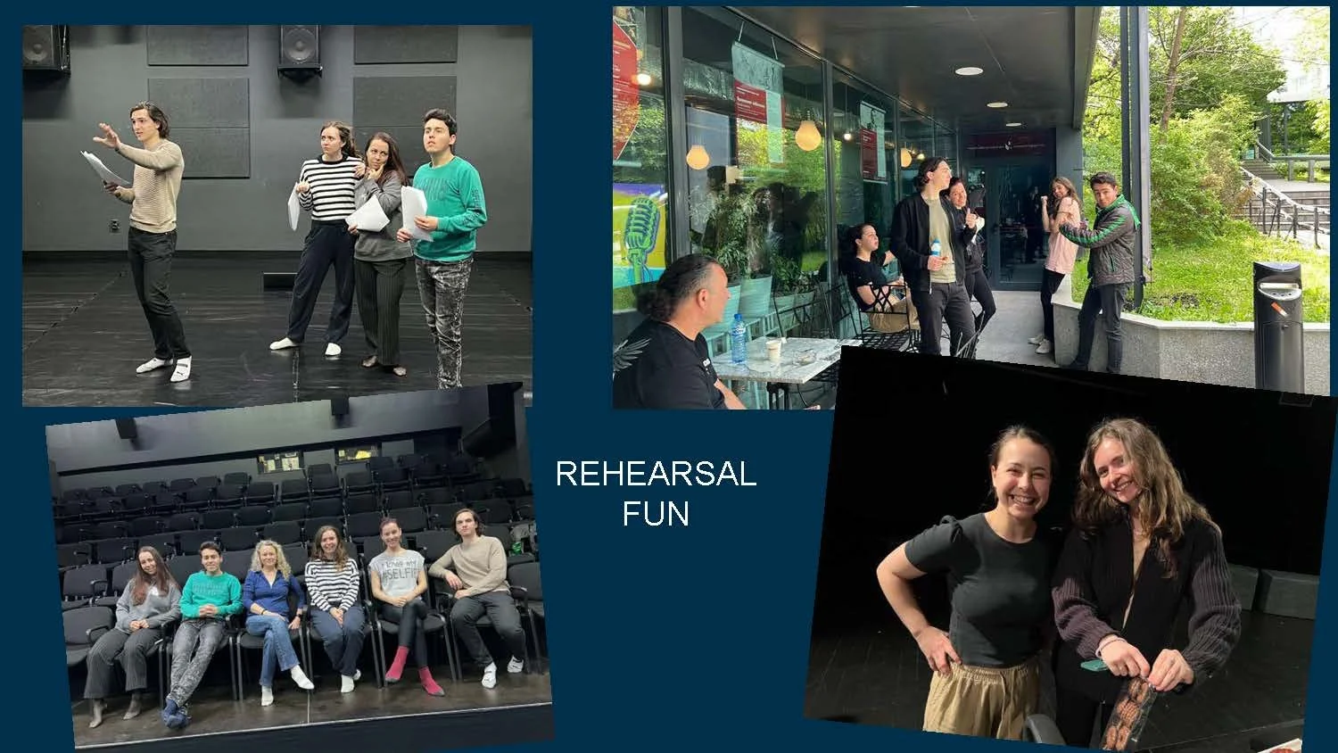 Collage of four photos of a theatrical rehearsal. The top left shows four people on stage with scripts, practicing a scene. The top right depicts a group outside a theater or café, waiting or socializing. The bottom left has five people seated in an 