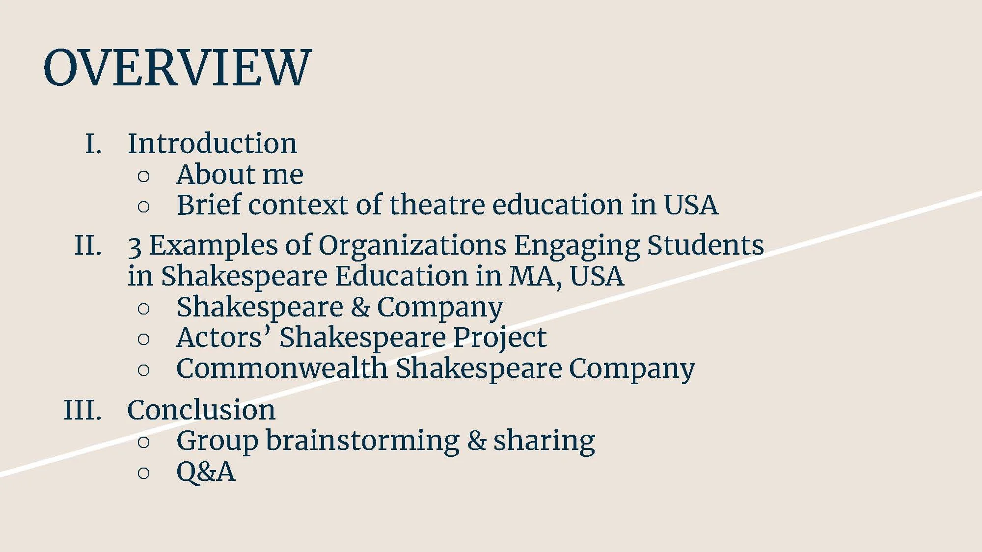 Slide titled 'Overview' showing a presentation outline with sections on introduction, examples of organizations engaging students in Shakespeare education in MA, USA, and a conclusion.