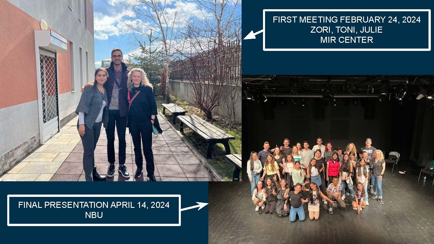 Collage showing three people standing outside on a paved walkway with trees and a building in the background on the left, and a large group of people on stage in a theater on the right, with text indicating dates and events for a meeting and presenta